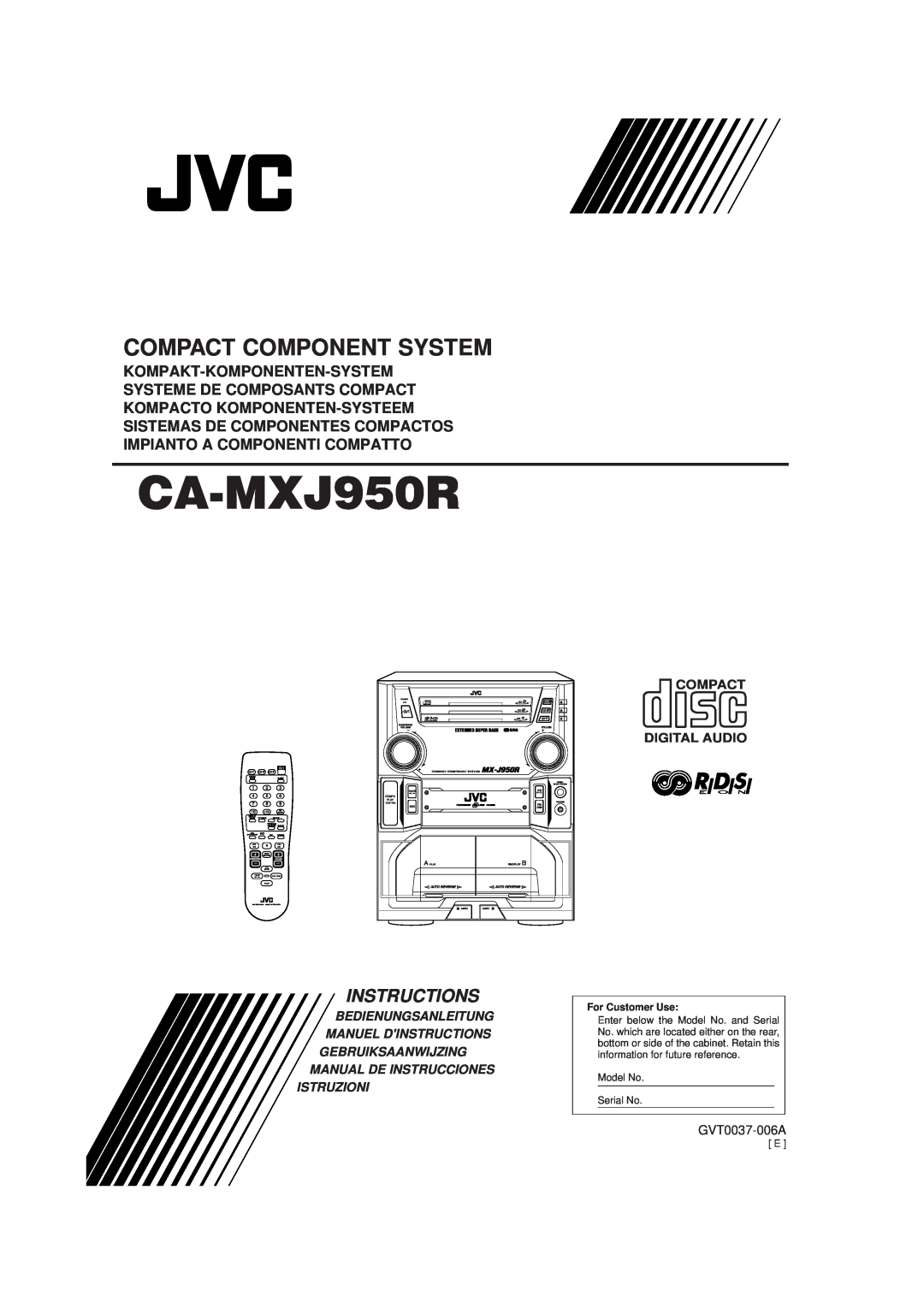 JVC CA-MXJ950R manual Digital Audio, Compact Component System, Instructions, Bedienungsanleitung, Manuel Dinstructions 