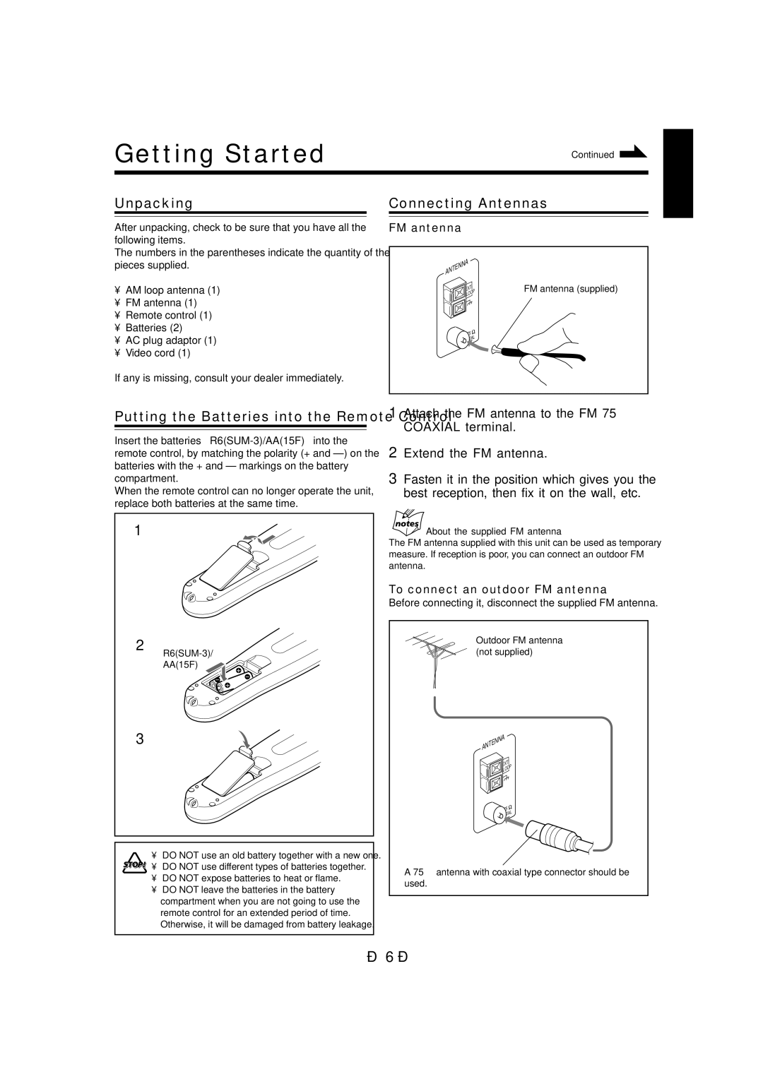 JVC CA-MXJ980V, CA-MXJ970V manual Getting Started, Unpacking, Connecting Antennas 