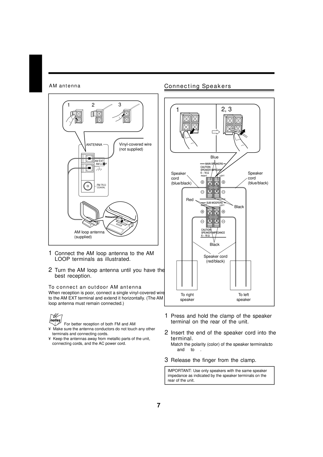 JVC CA-MXJ970V, CA-MXJ980V Connecting Speakers, Release the finger from the clamp, To connect an outdoor AM antenna 