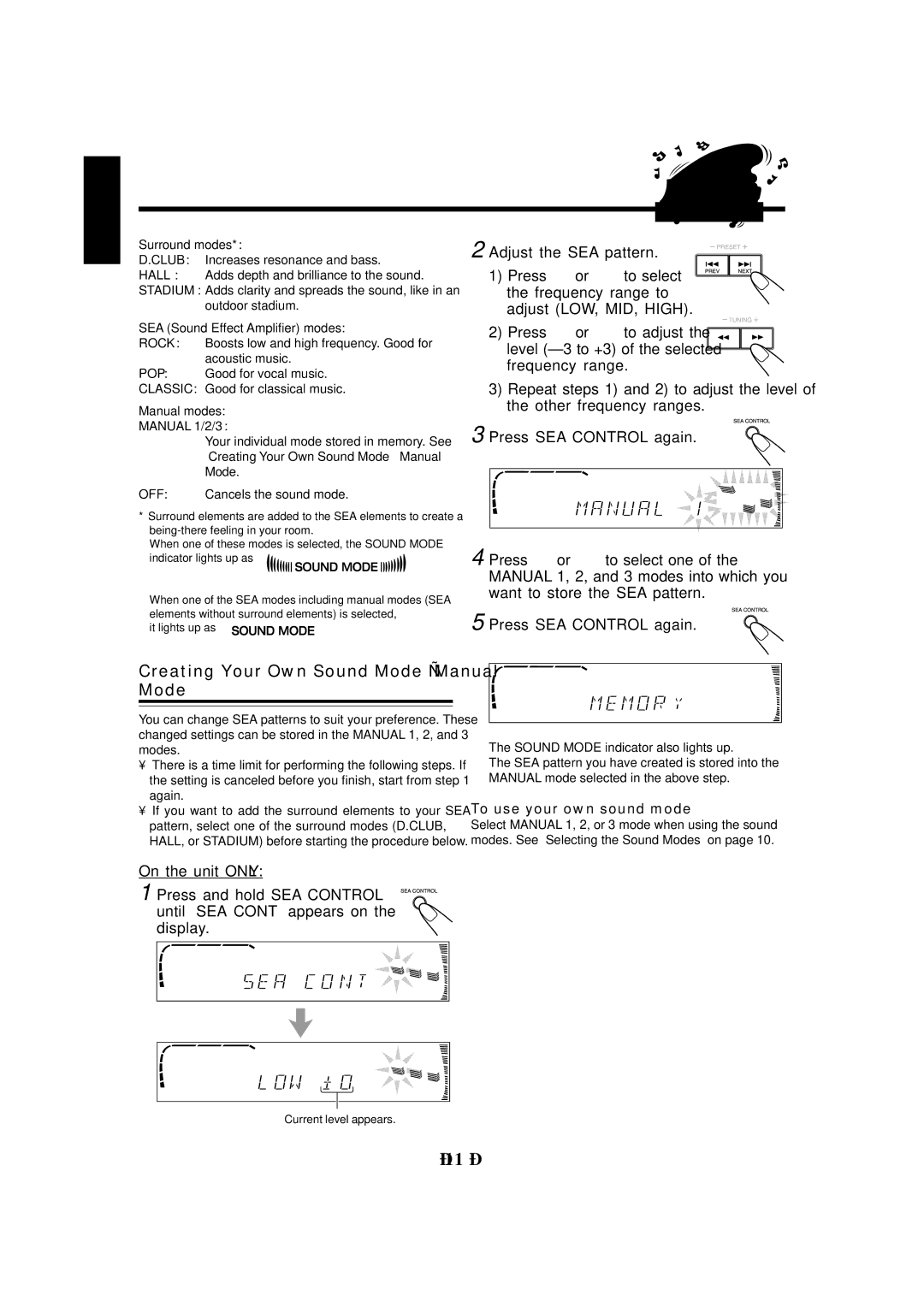 JVC CA-MXJ970V, CA-MXJ980V manual Creating Your Own Sound Mode Manual Mode, To use your own sound mode, Surround modes 