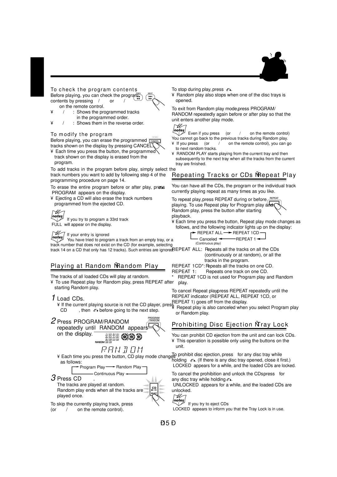 JVC CA-MXJ970V Playing at Random Random Play, Repeating Tracks or CDs Repeat Play, Prohibiting Disc Ejection Tray Lock 