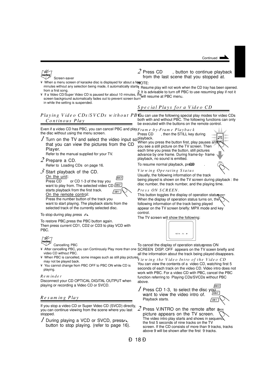 JVC CA-MXJ980V, CA-MXJ970V Playing Video CDs/SVCDs without PBC Continous Play, Resuming Play, Special Plays for a Video CD 