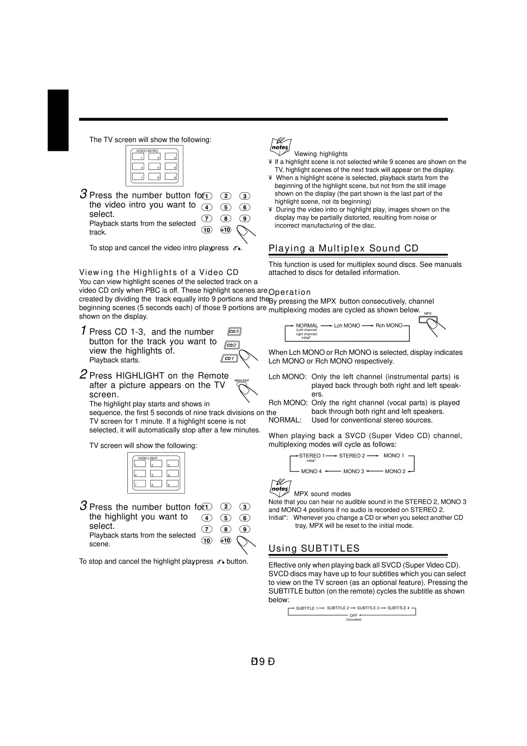 JVC CA-MXJ970V, CA-MXJ980V Playing a Multiplex Sound CD, Using Subtitles, Viewing the Highlights of a Video CD, Operation 