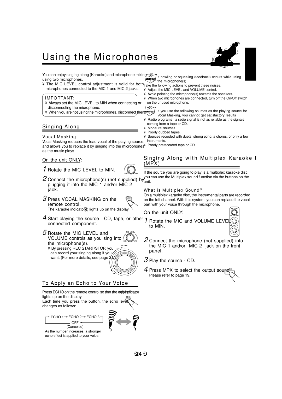 JVC CA-MXJ980V Using the Microphones, Singing Along with Multiplex Karaoke Discs MPX, To Apply an Echo to Your Voice 