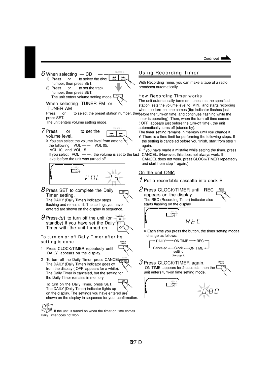 JVC CA-MXJ970V, CA-MXJ980V manual Using Recording Timer, When selecting CD, When selecting Tuner FM or Tuner AM 
