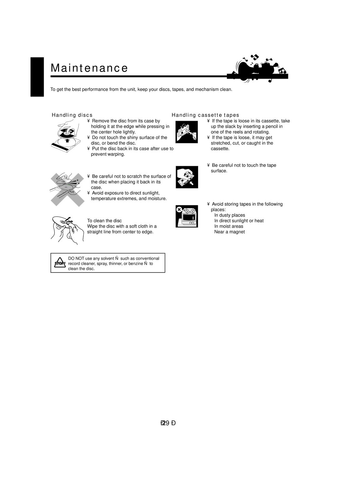 JVC CA-MXJ970V, CA-MXJ980V manual Maintenance, Handling discs, Handling cassette tapes, To clean the disc 