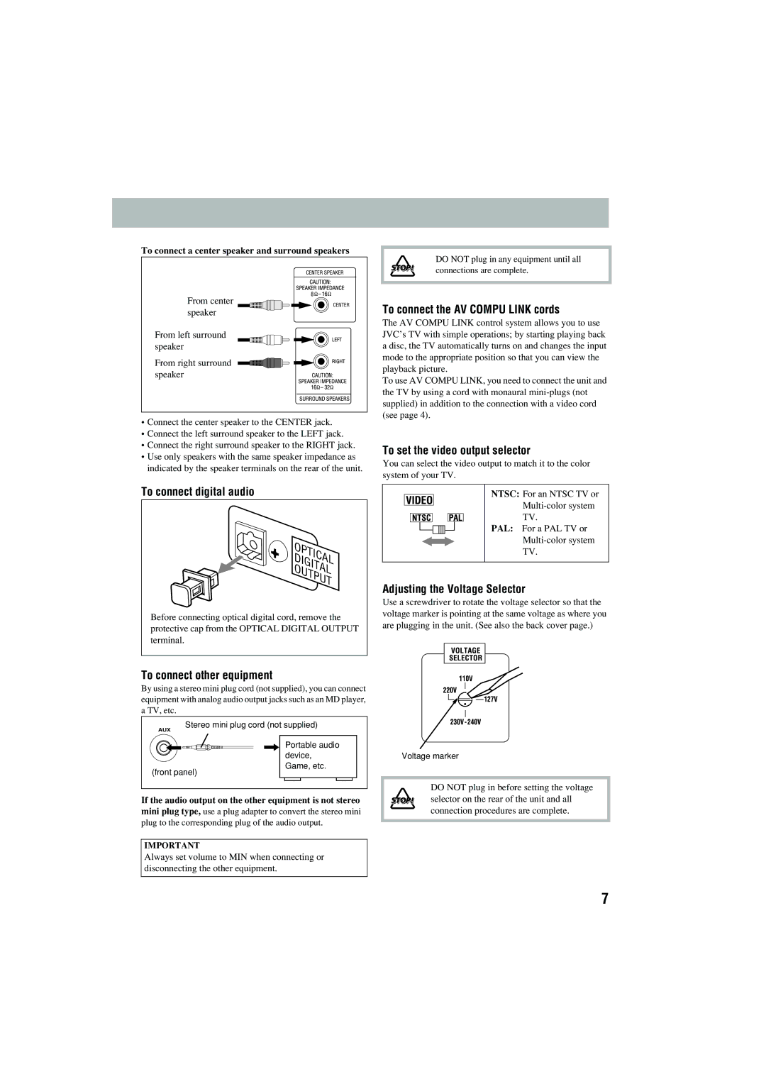 JVC CA-MXJD5 manual To connect digital audio, To connect the AV Compu Link cords, To set the video output selector 