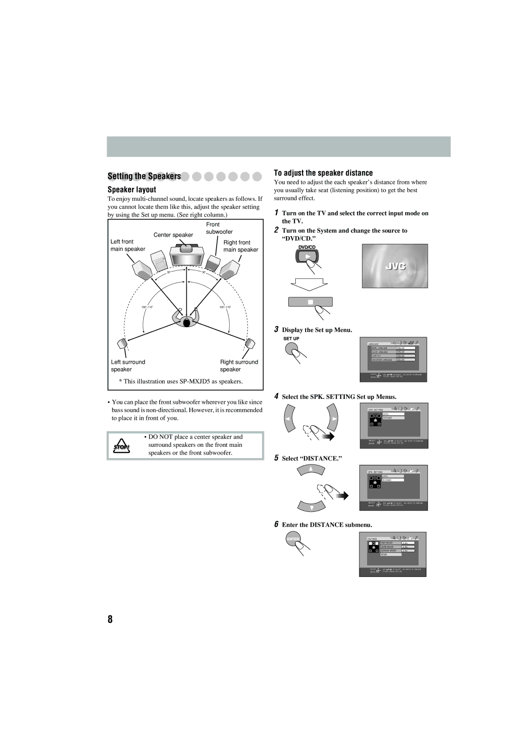 JVC CA-MXJD5 manual Setting the Speakers, Speaker layout, To adjust the speaker distance, Select Distance 