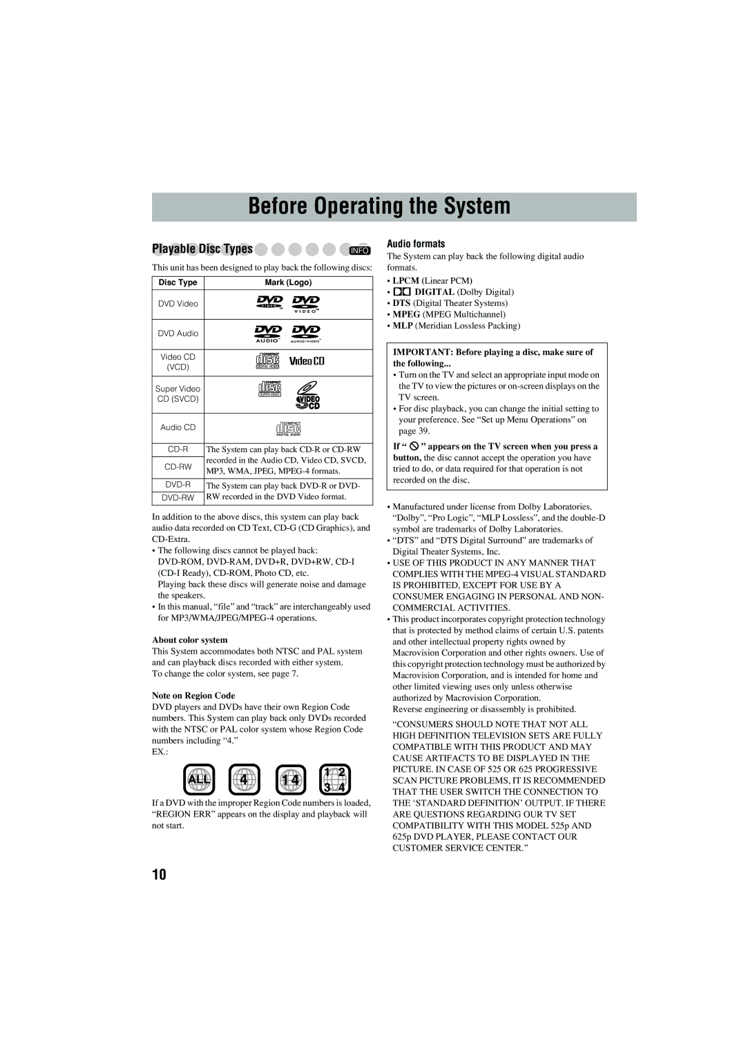 JVC CA-MXJD5 manual Before Operating the System, Playable Disc Types, Audio formats 