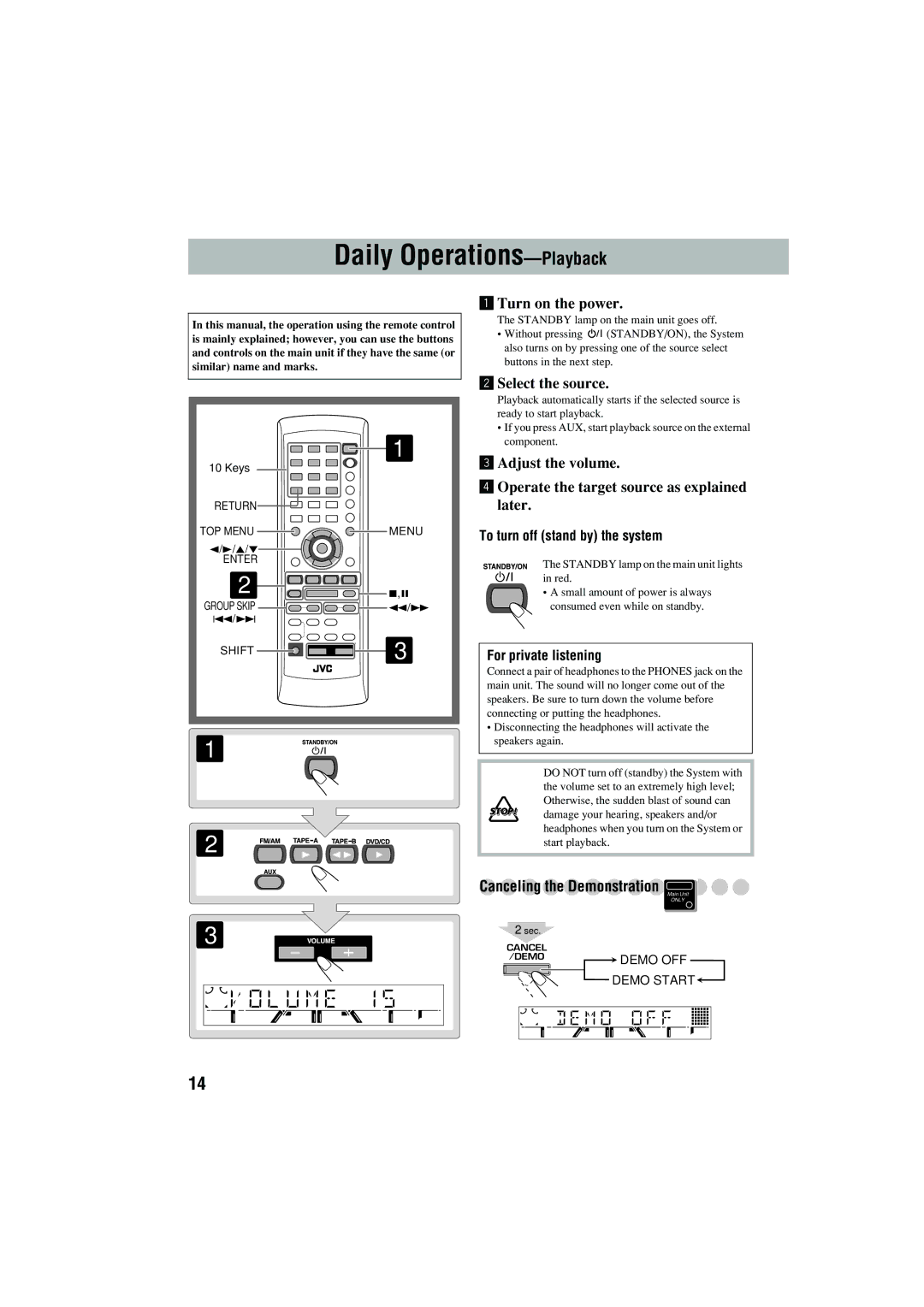 JVC CA-MXJD5 manual Daily Operations-Playback, Canceling the Demonstration, To turn off stand by the system, 5/∞ 