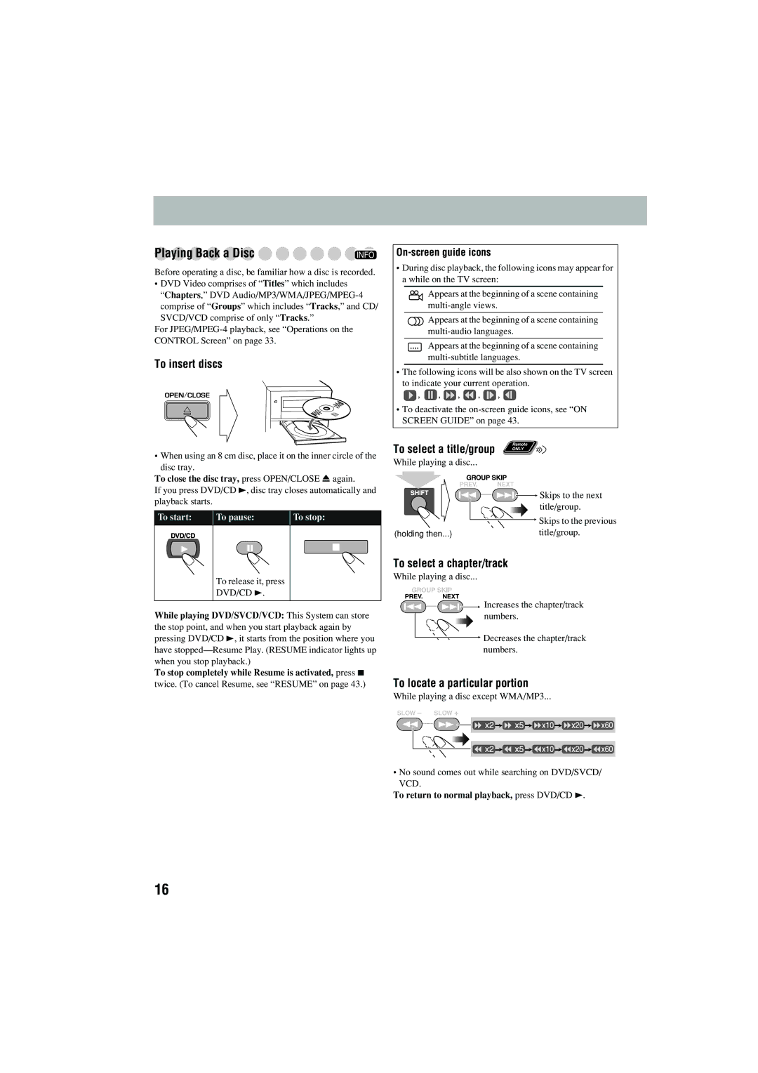 JVC CA-MXJD5 manual Playing Back a Disc, To insert discs, To select a chapter/track, To locate a particular portion 