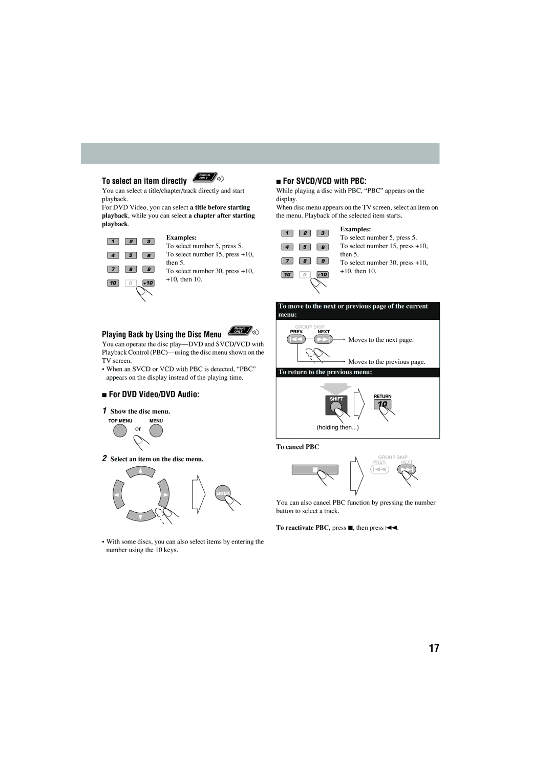 JVC CA-MXJD5 For SVCD/VCD with PBC, For DVD Video/DVD Audio, To select an item directly, To return to the previous menu 