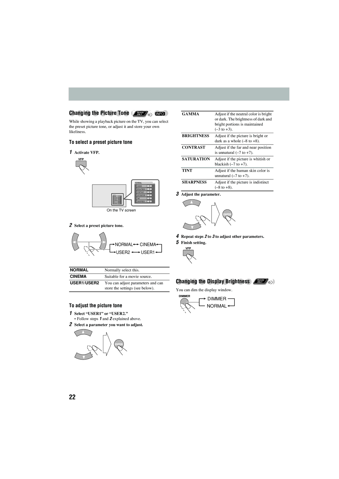 JVC CA-MXJD5 manual Changing the Picture Tone Remote Info, To select a preset picture tone, To adjust the picture tone 