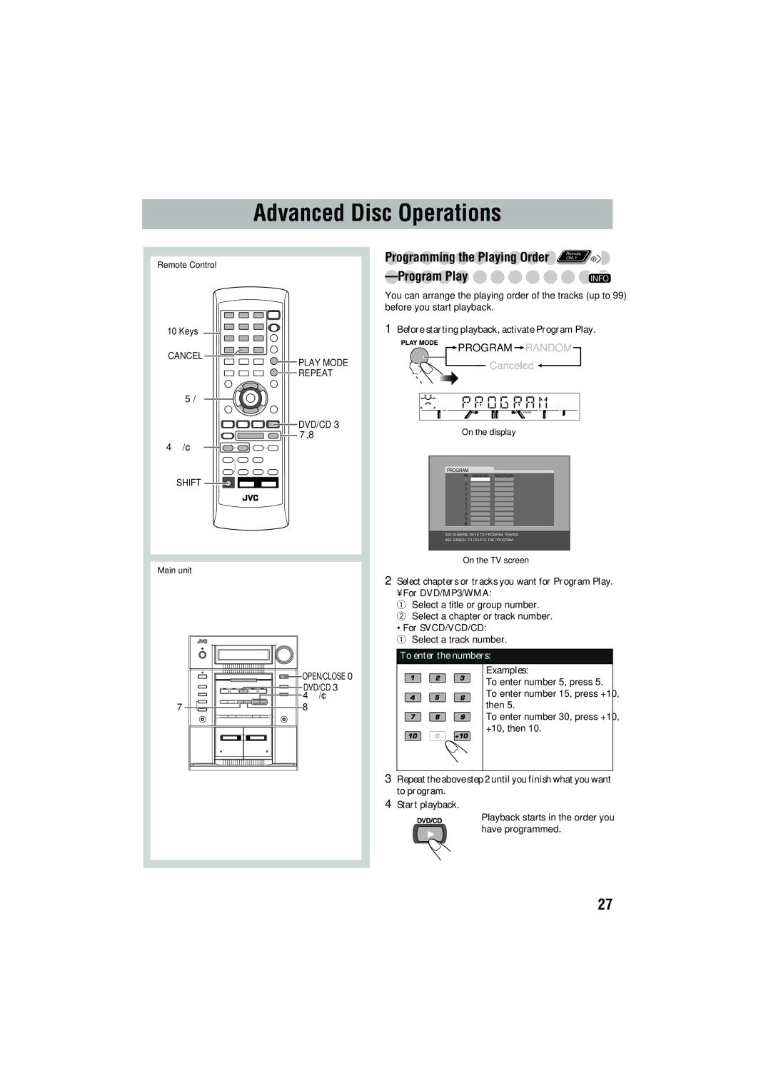 JVC CA-MXJD5 manual Advanced Disc Operations, Before starting playback, activate Program Play, For SVCD/VCD/CD 