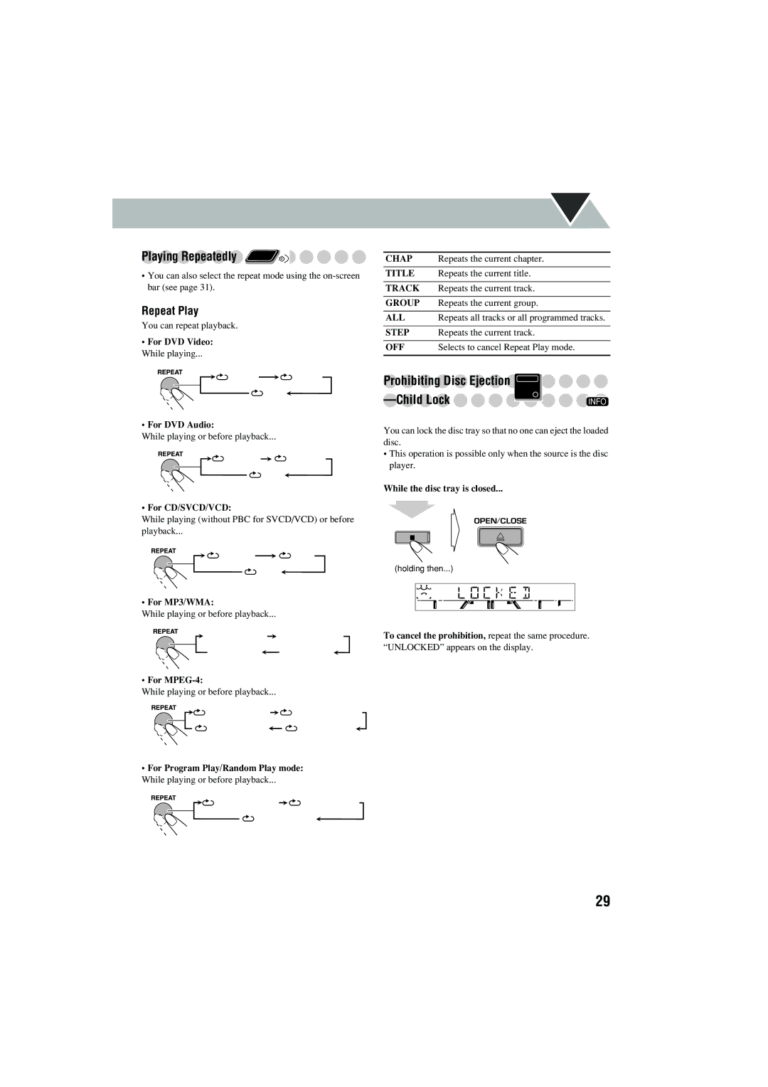 JVC CA-MXJD5 manual Repeat Play 