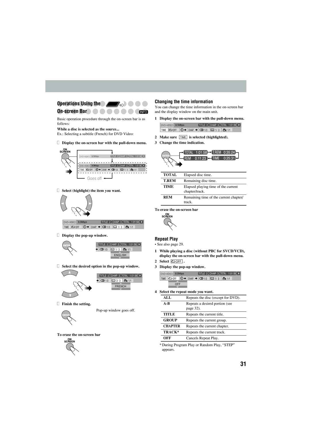 JVC CA-MXJD5 manual Operations Using, On-screen Bar, Changing the time information 