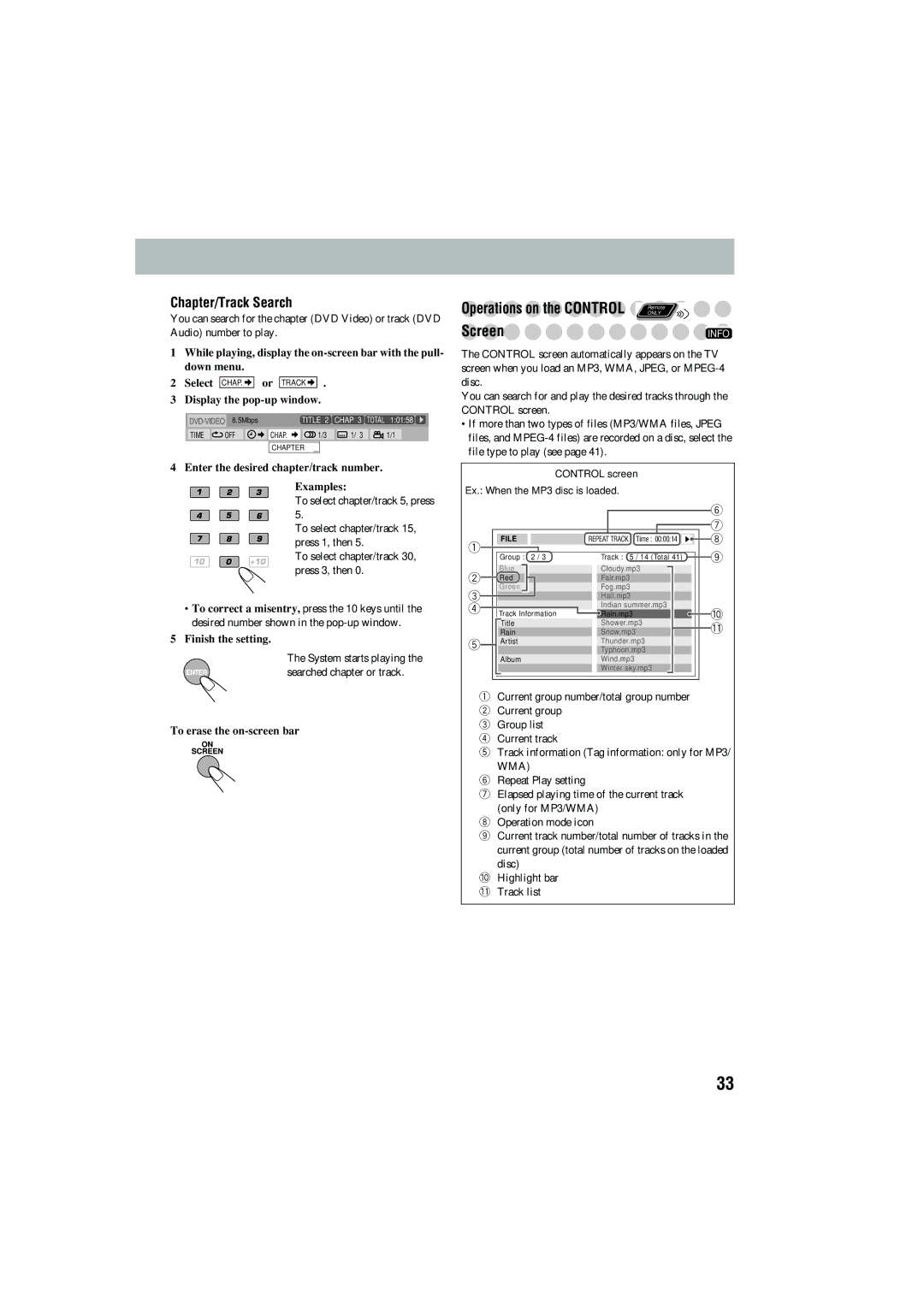 JVC CA-MXJD5 manual Operations on the Control Remote, Screen, Chapter/Track Search 