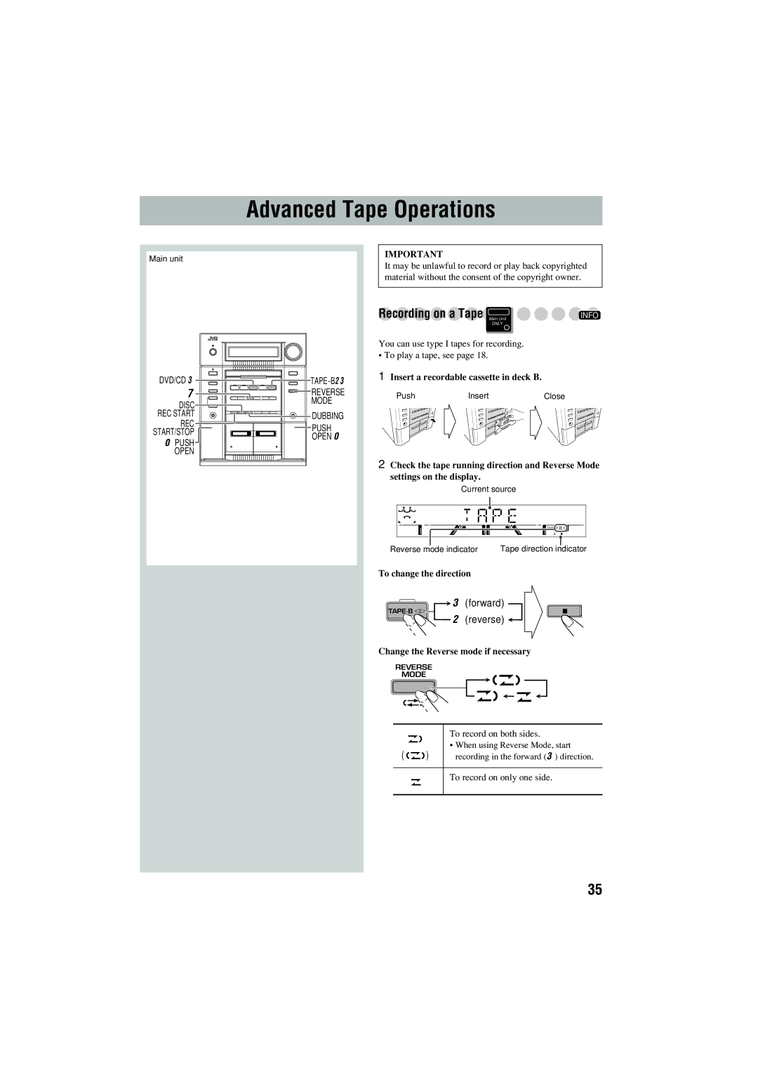 JVC CA-MXJD5 manual Advanced Tape Operations, Insert a recordable cassette in deck B, To change the direction 