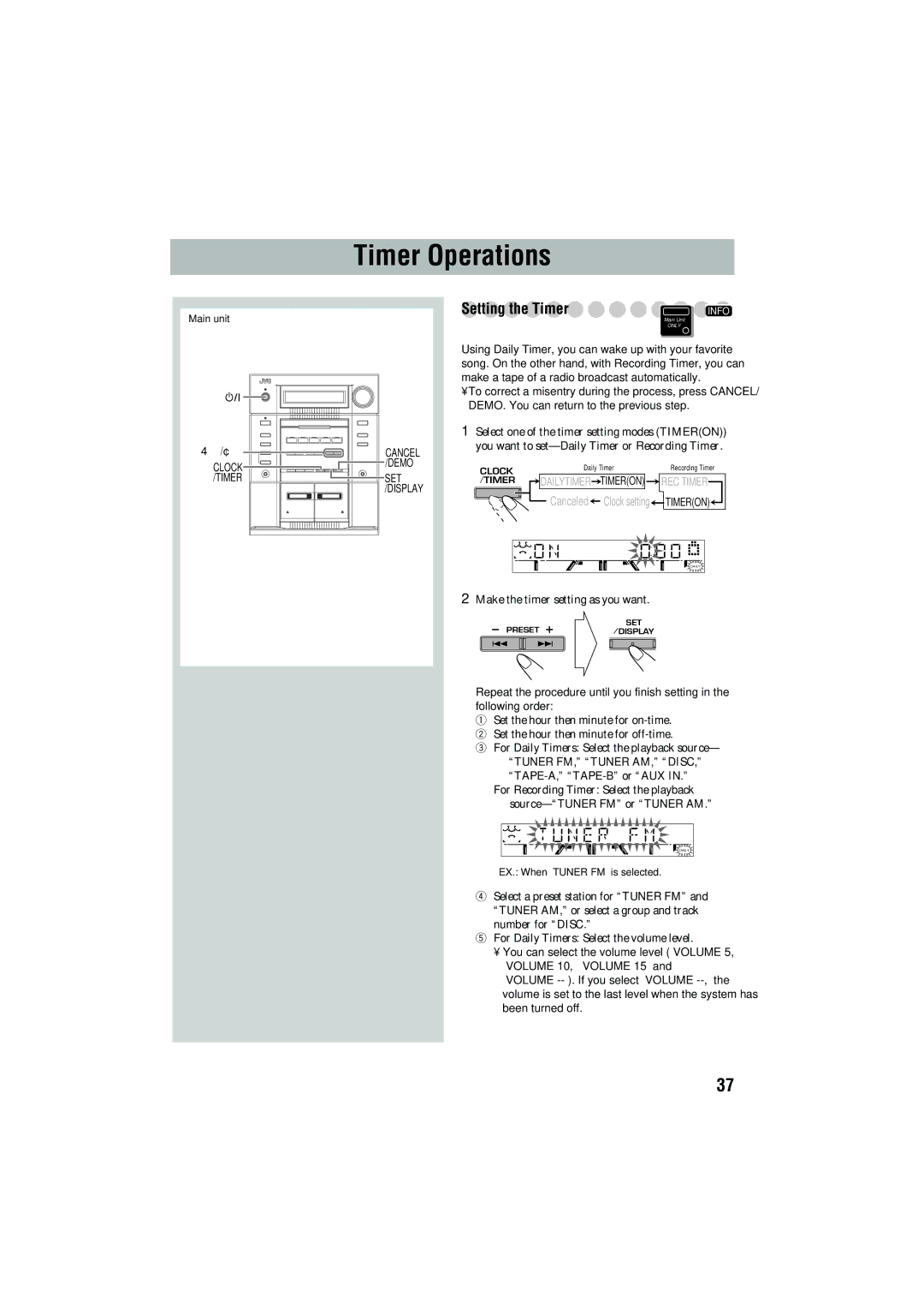 JVC CA-MXJD5 manual Timer Operations, Make the timer setting as you want 