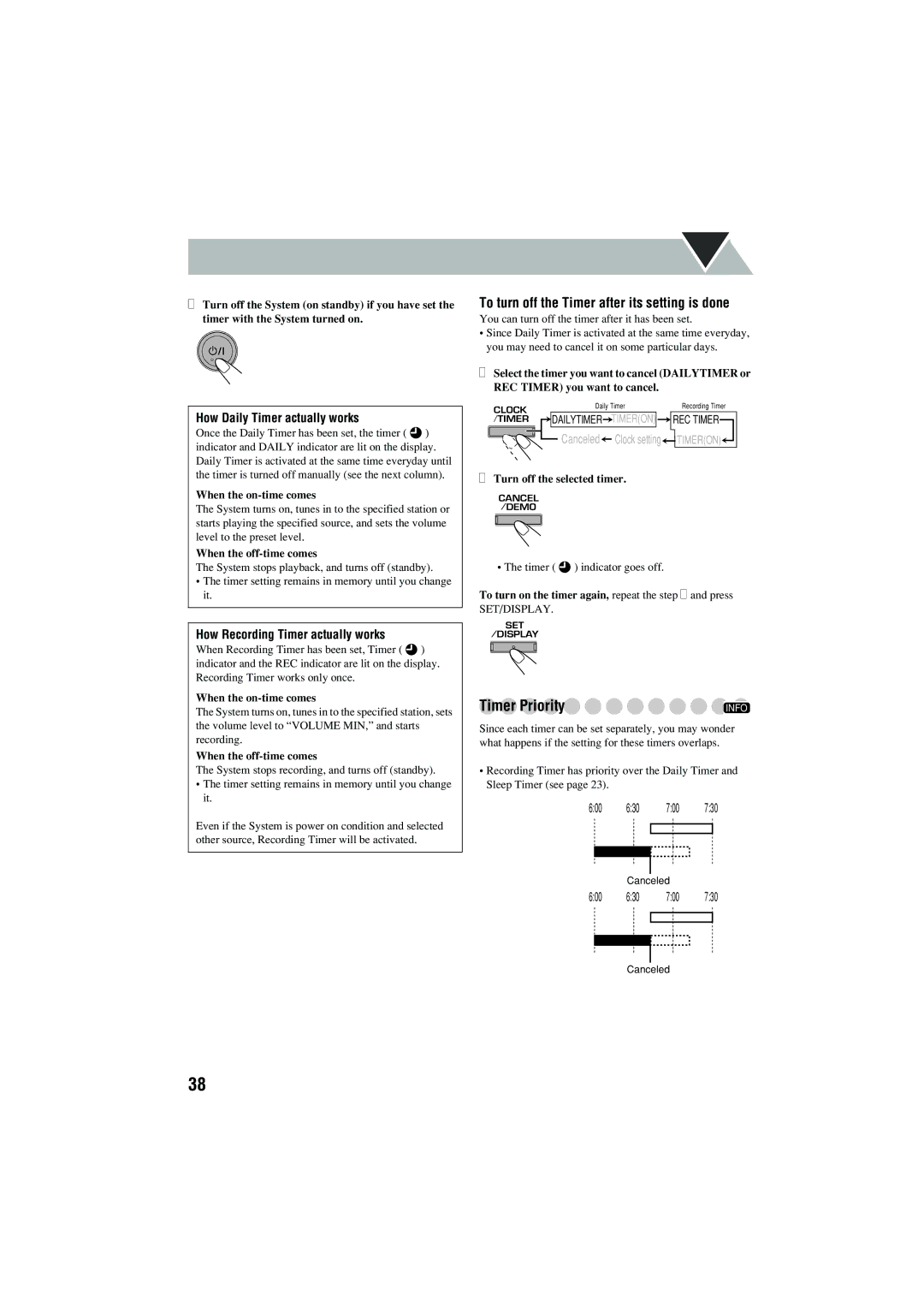 JVC CA-MXJD5 manual Timer Priority, To turn off the Timer after its setting is done, How Daily Timer actually works 