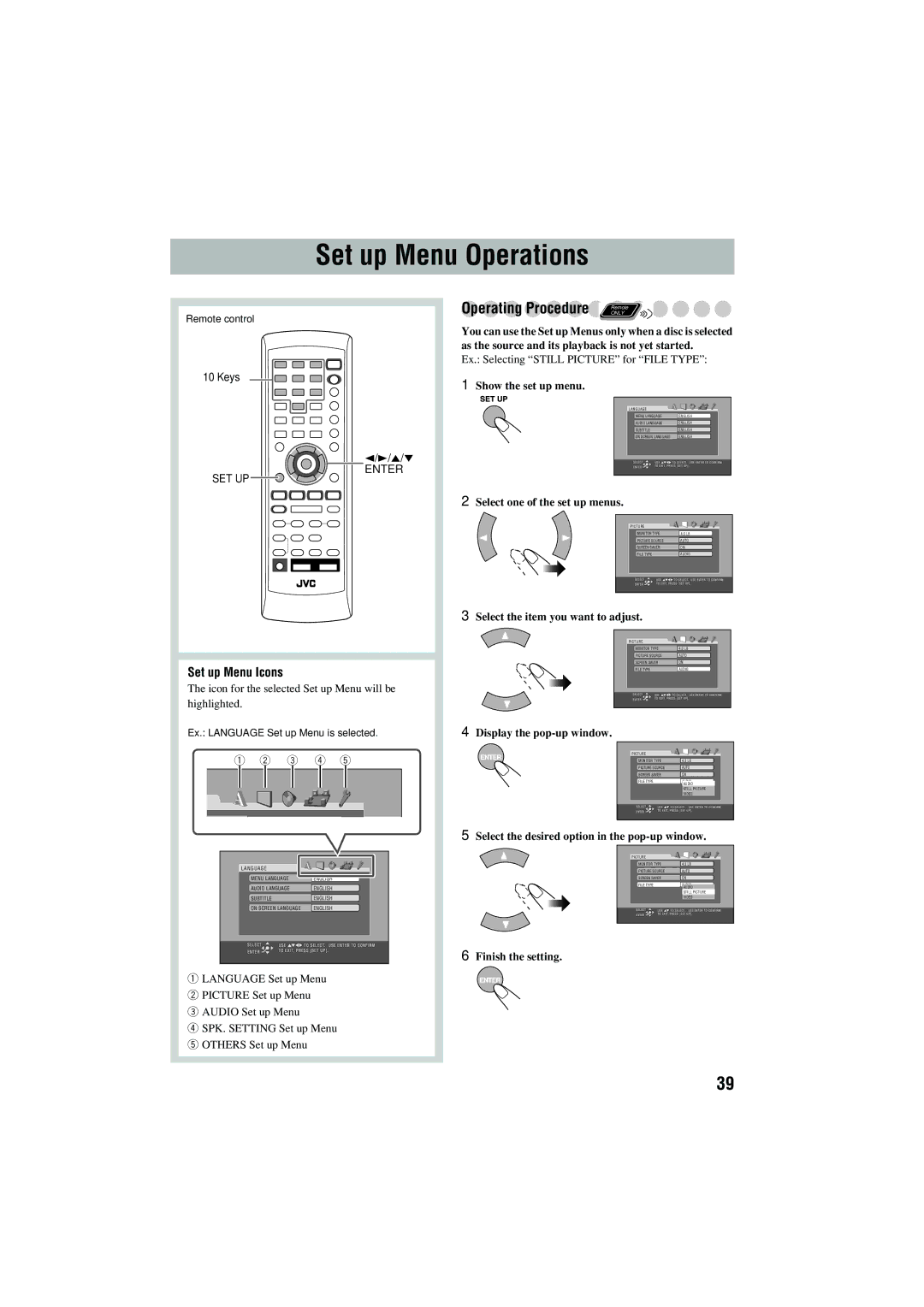 JVC CA-MXJD5 manual Set up Menu Operations, Operating Procedure Remote, Set up Menu Icons 