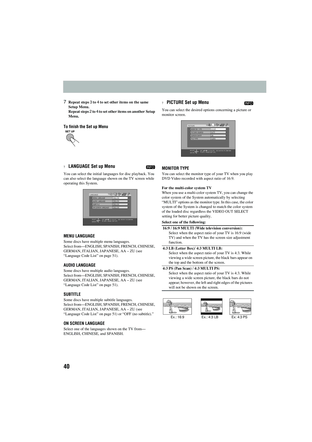 JVC CA-MXJD5 manual To finish the Set up Menu, For the multi-color system TV, LB Letter Box/ 43 Multi LB 