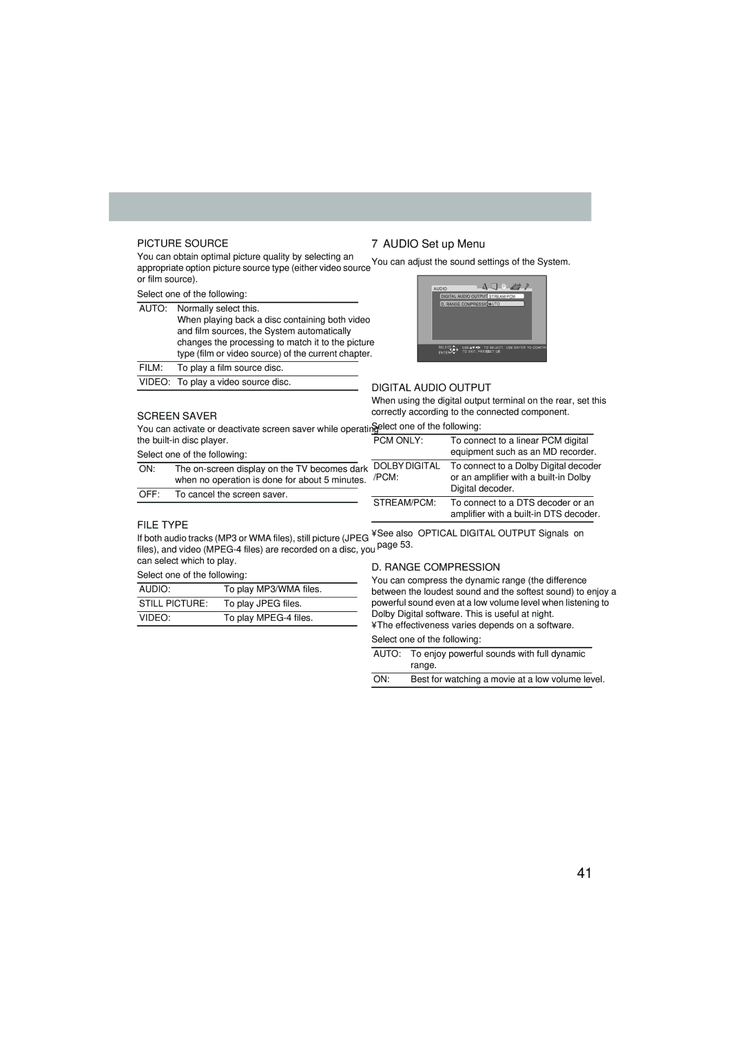 JVC CA-MXJD5 manual Audio Set up Menu, Select one of the following 