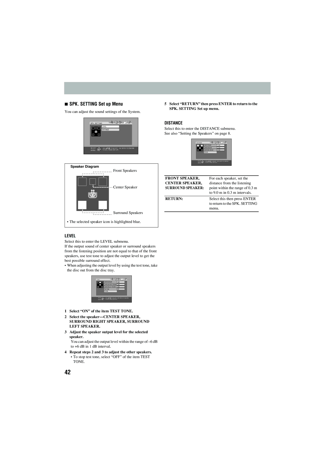 JVC CA-MXJD5 manual SPK. Setting Set up Menu, Repeat steps 2 and 3 to adjust the other speakers 