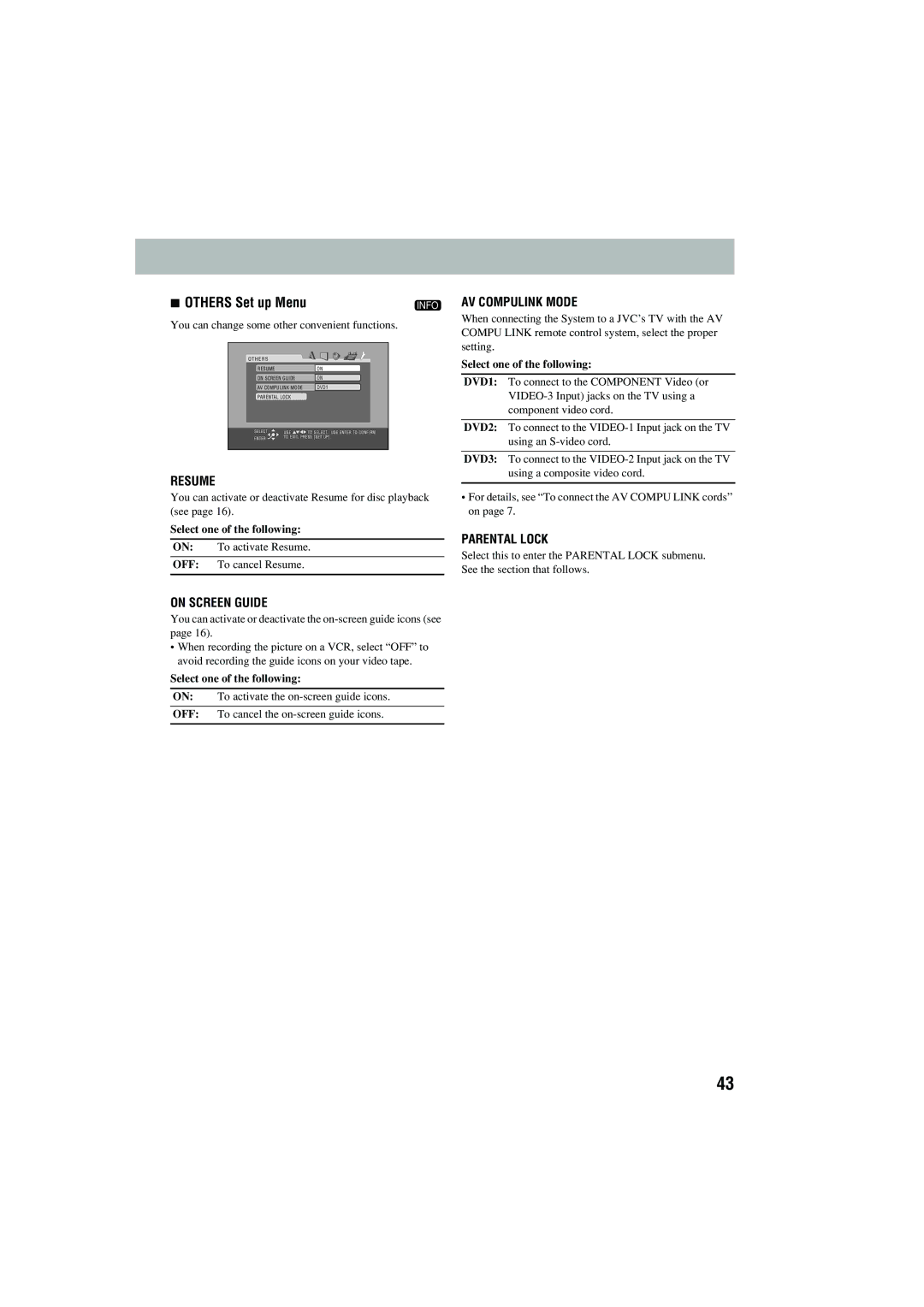 JVC CA-MXJD5 You can change some other convenient functions, You can activate or deactivate Resume for disc playback see 