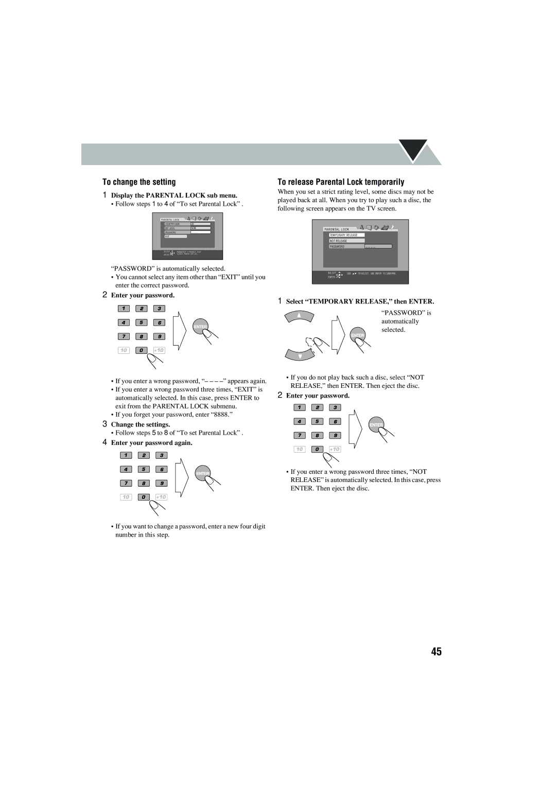 JVC CA-MXJD5 manual To change the setting, To release Parental Lock temporarily 