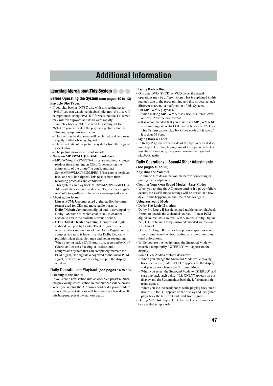 JVC CA-MXJD5 manual Additional Information, Learning More about This System, Daily Operations-Sound&Other Adjustments 