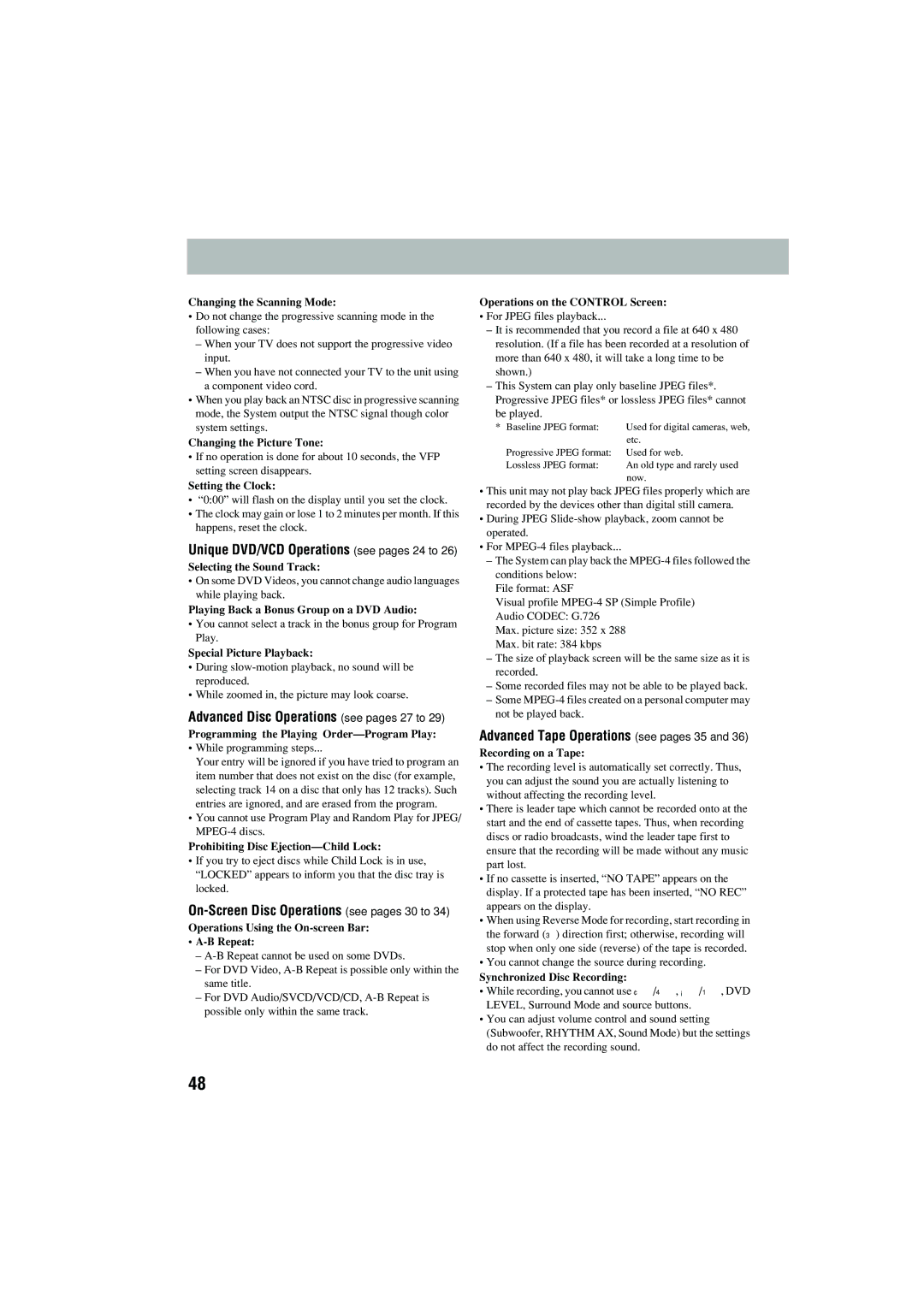 JVC CA-MXJD5 manual Advanced Tape Operations see pages 35, Unique DVD/VCD Operations see pages 24 to 