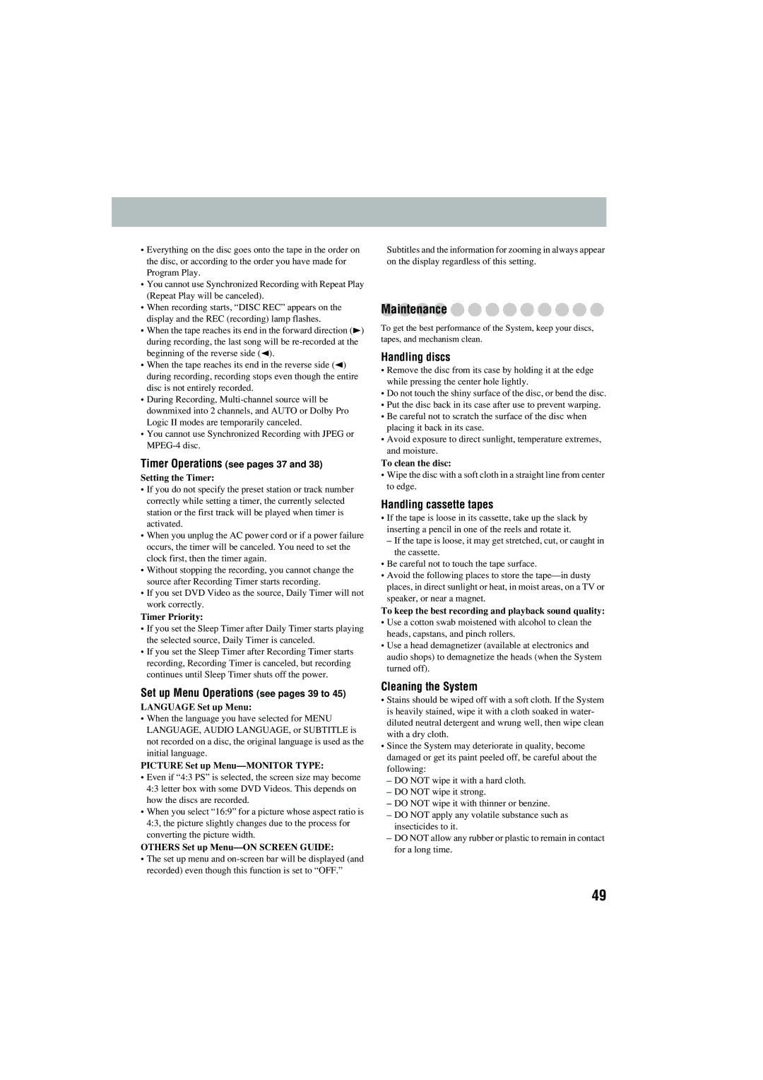 JVC CA-MXJD5 manual Maintenance, Set up Menu Operations see pages 39 to, Handling discs, Handling cassette tapes 