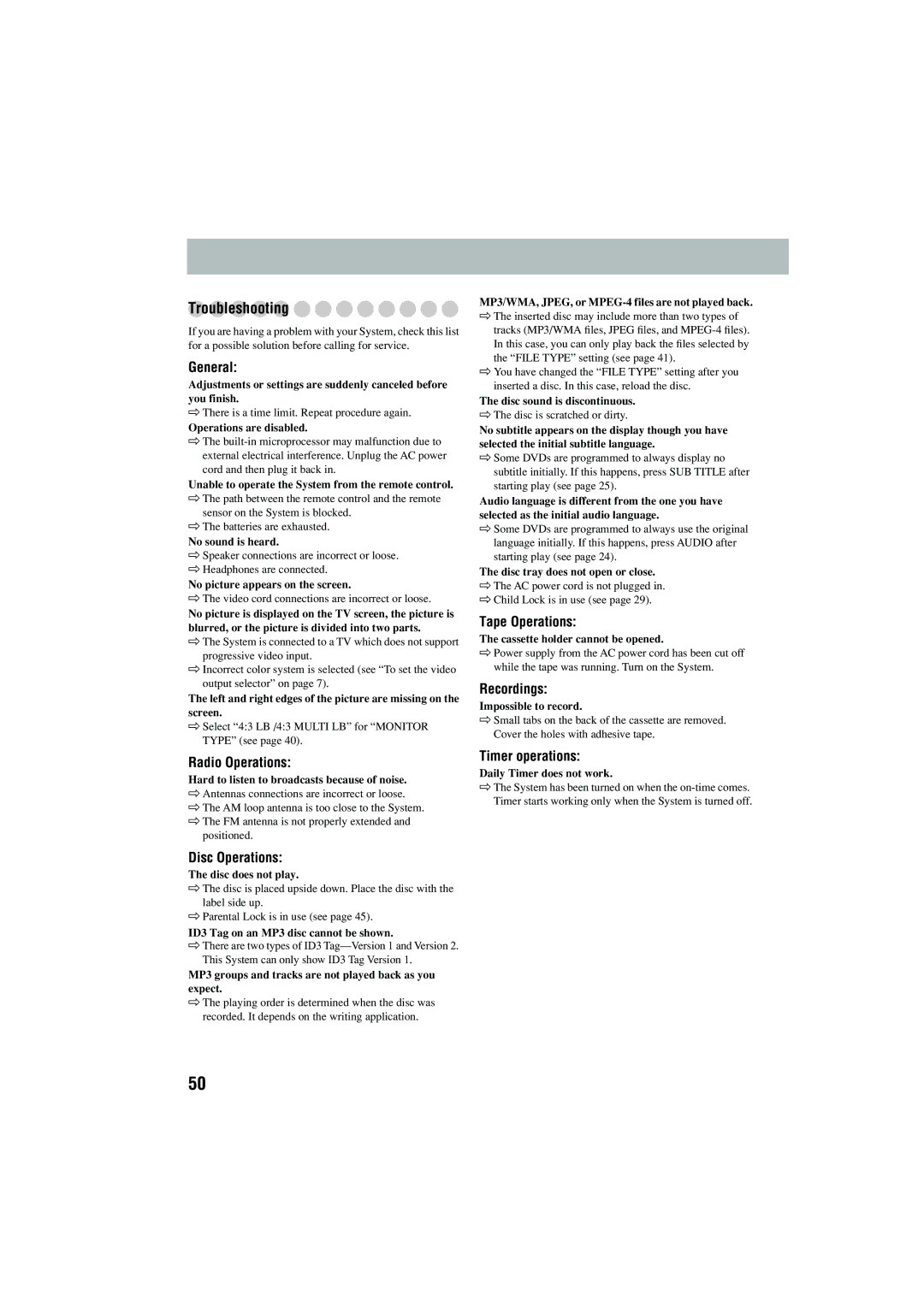 JVC CA-MXJD5 manual Troubleshooting 