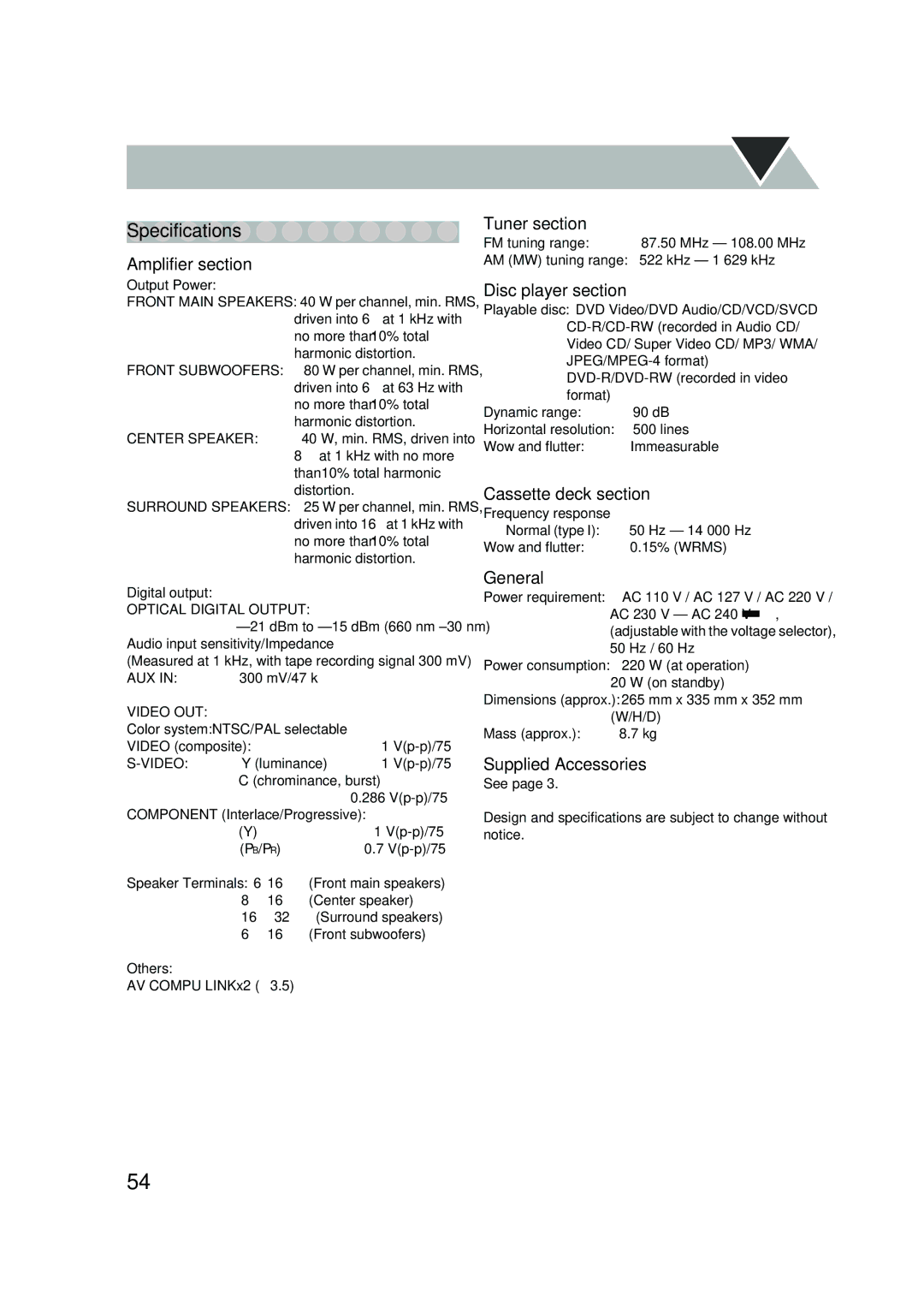 JVC CA-MXJD5 manual Specifications 