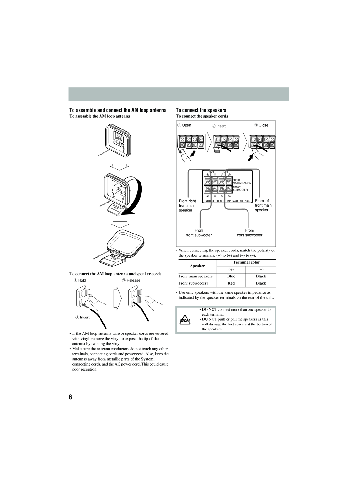 JVC CA-MXJD5 manual To connect the speakers, To assemble and connect the AM loop antenna, To assemble the AM loop antenna 