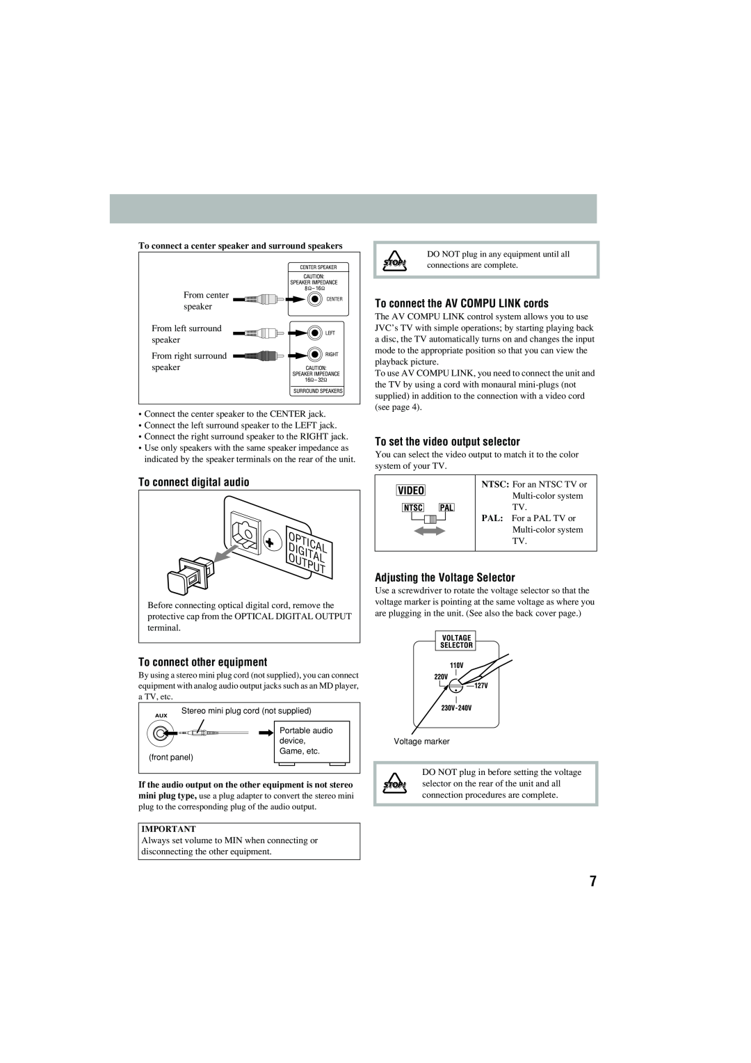 JVC CA-MXJD5 manual To connect digital audio, To connect the AV COMPU LINK cords, To set the video output selector 