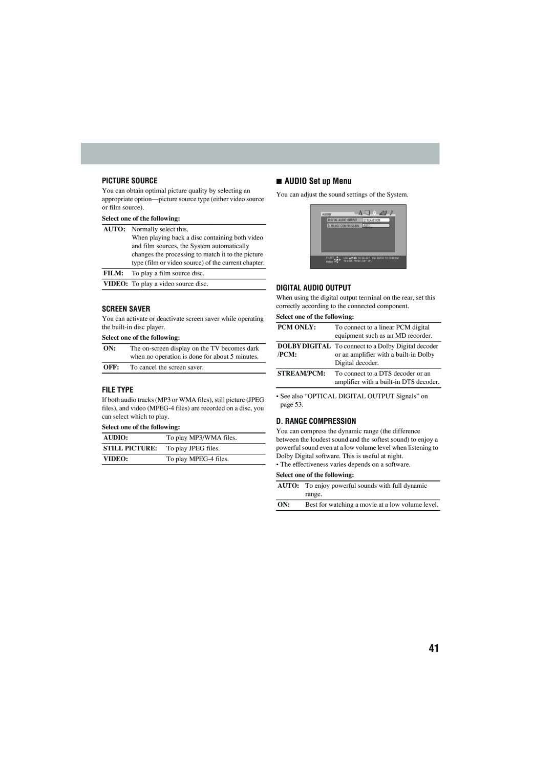 JVC CA-MXJD5 manual 7AUDIO Set up Menu, Picture Source, Screen Saver, File Type, Digital Audio Output, D. Range Compression 