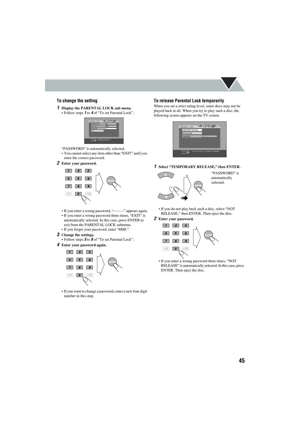 JVC CA-MXJD5 manual To change the setting, To release Parental Lock temporarily, 1Display the PARENTAL LOCK sub menu 