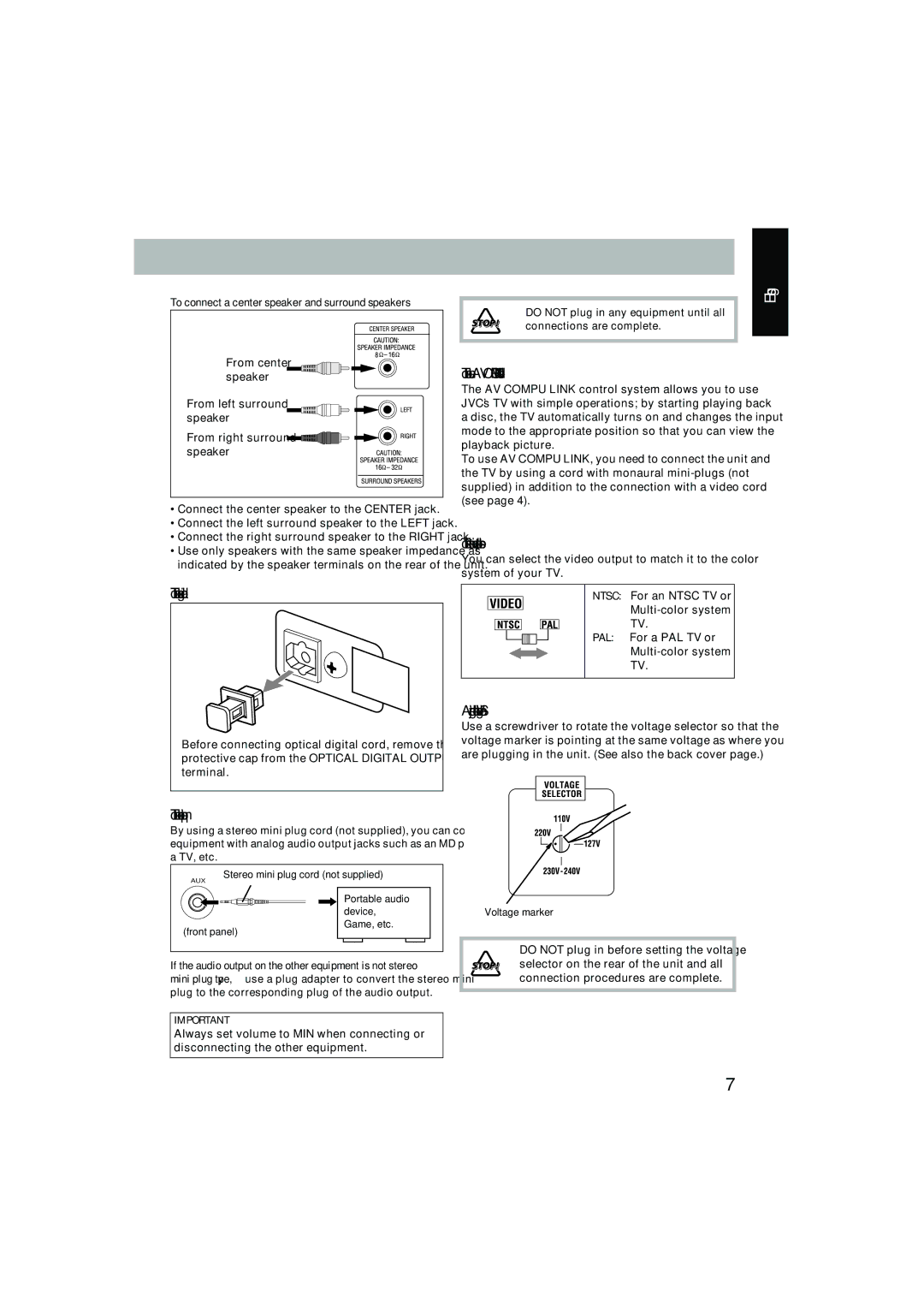 JVC CA-MXJD8 manual To connect other equipment, Portable audio device Game, etc Front panel 