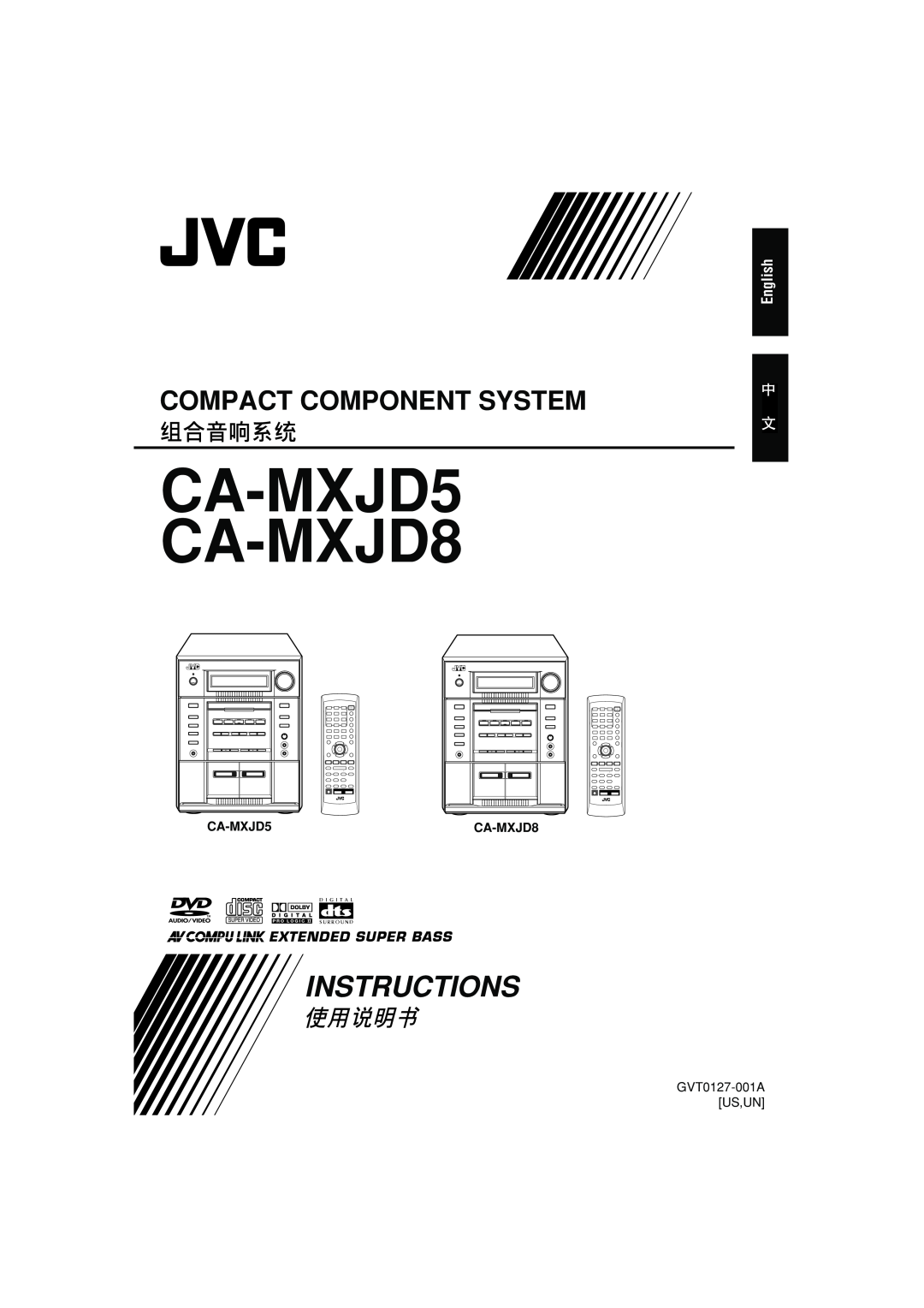 JVC manual CA-MXJD5 CA-MXJD8, Instructions, Compact Component System, English, Extended Super Bass, GVT0127-001AUS,UN 