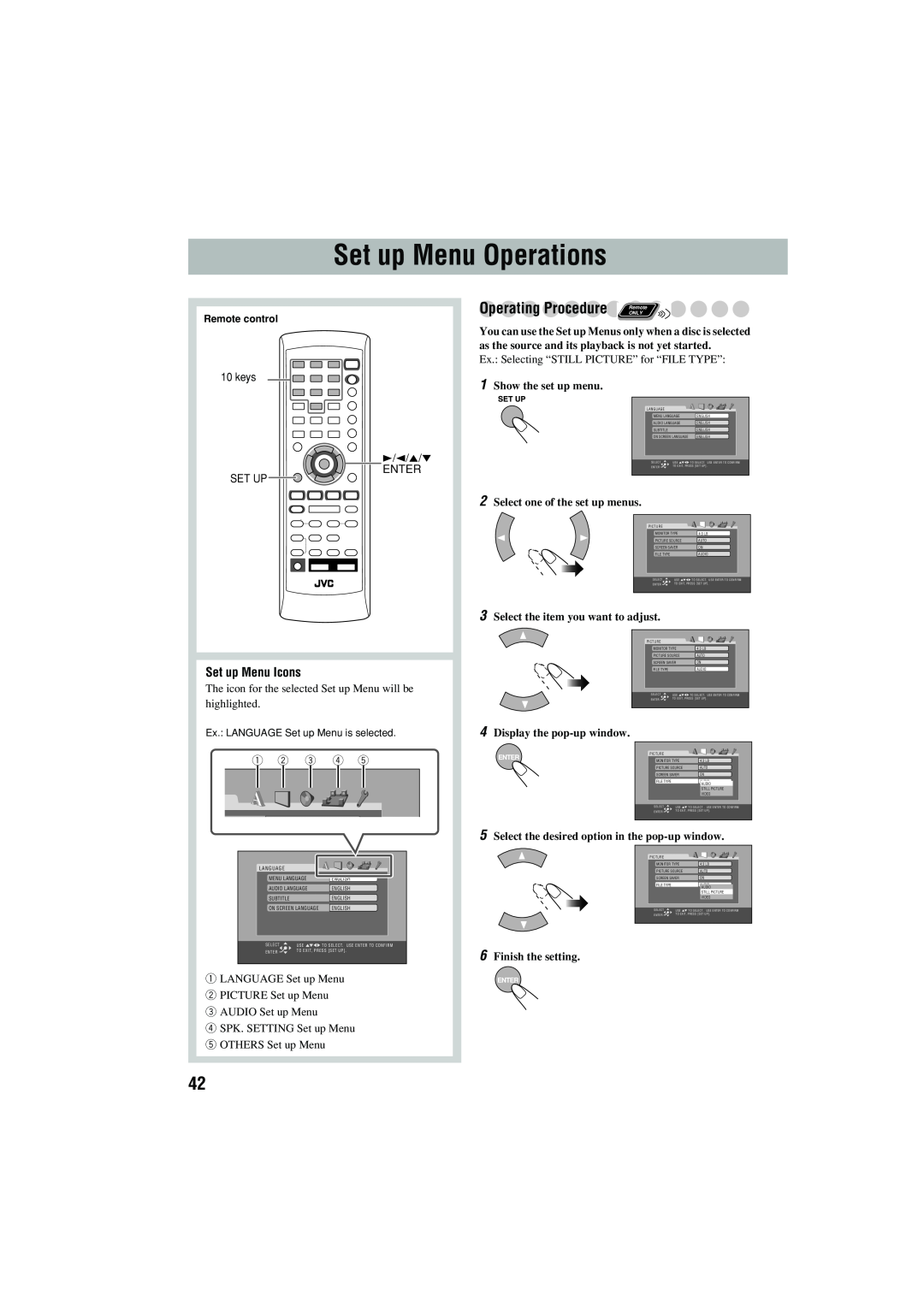 JVC CA-MXJD8 manual Set up Menu Operations, Operating ProcedureRemote, Set up Menu Icons, 1Show the set up menu 