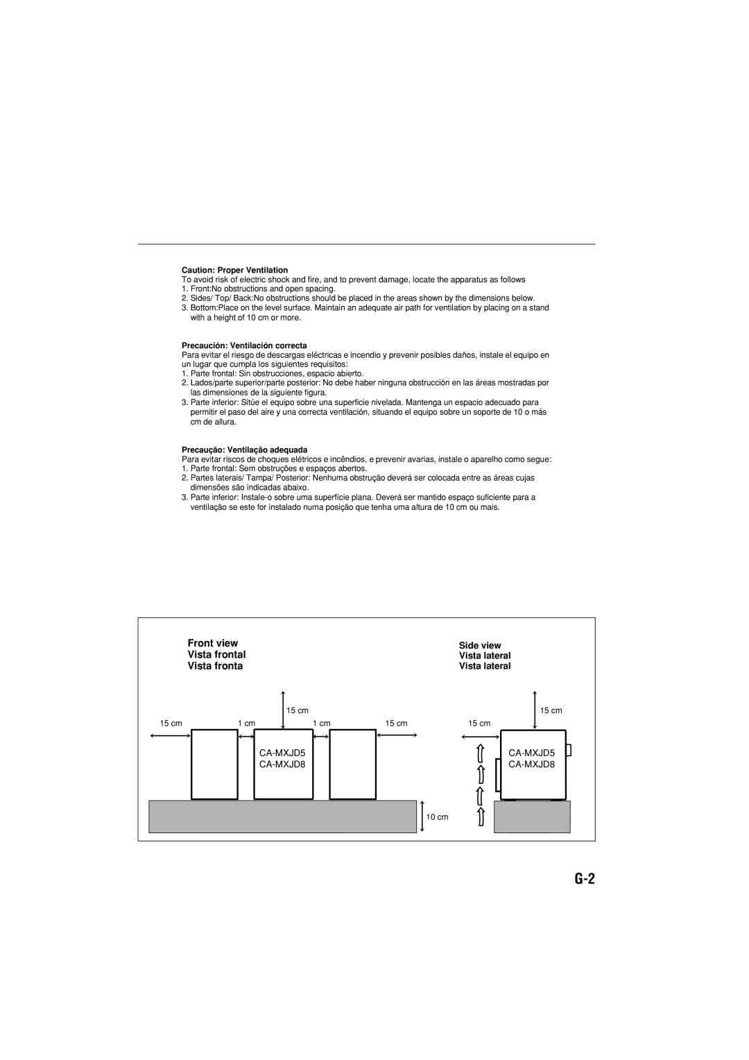 JVC CA-MXJD8 manual Front view, Vista frontal, Side view, Vista lateral, Caution: Proper Ventilation 