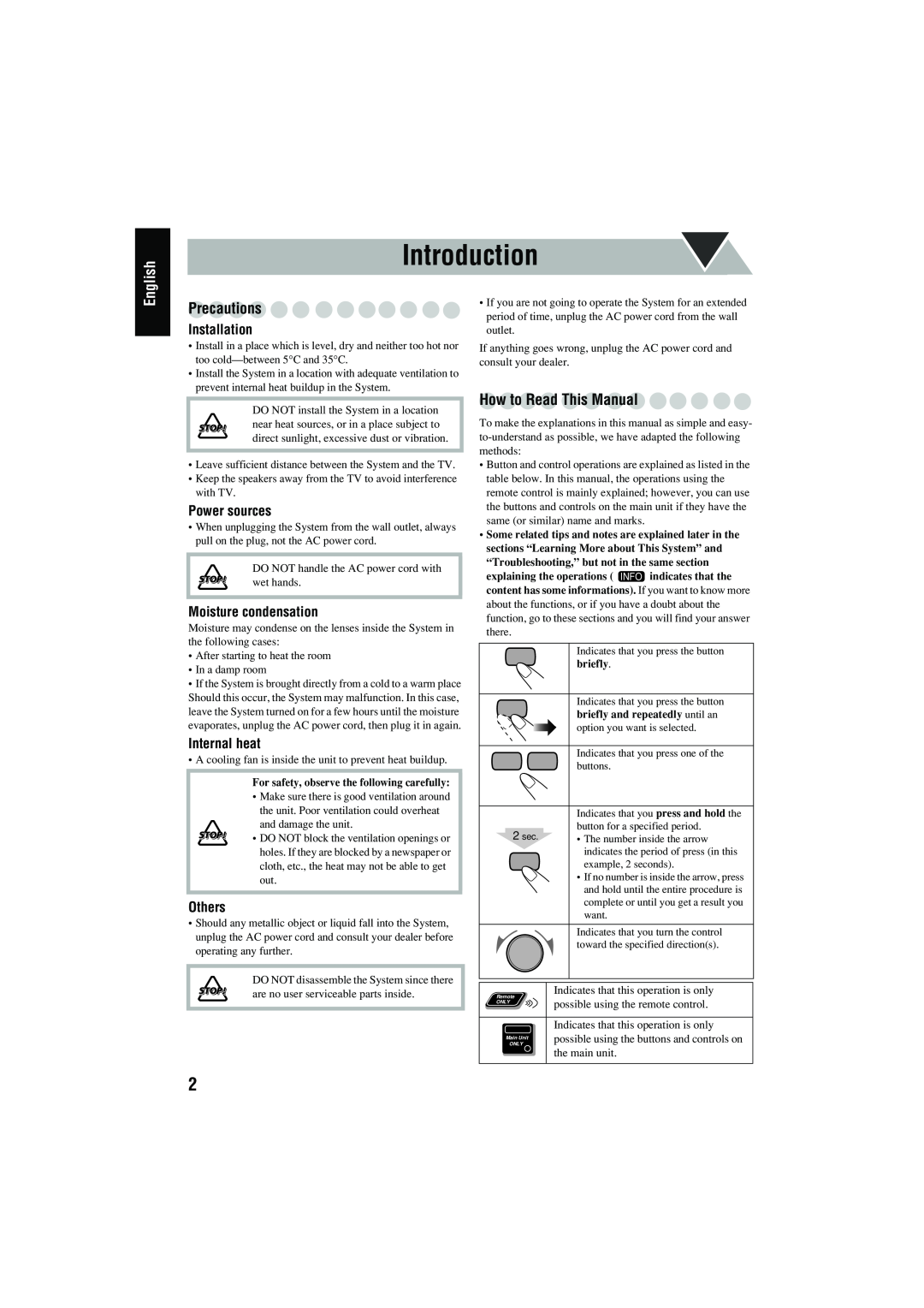 JVC CA-MXJD8 manual Introduction, English, Precautions, How to Read This Manual, Installation, Power sources, Internal heat 