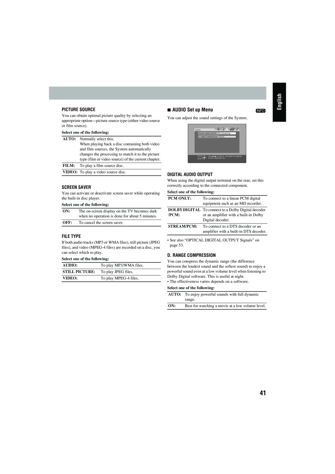 JVC CA-MXJD8 manual English, AUDIO Set up Menu, Picture Source, Screen Saver, File Type, Digital Audio Output, Video 