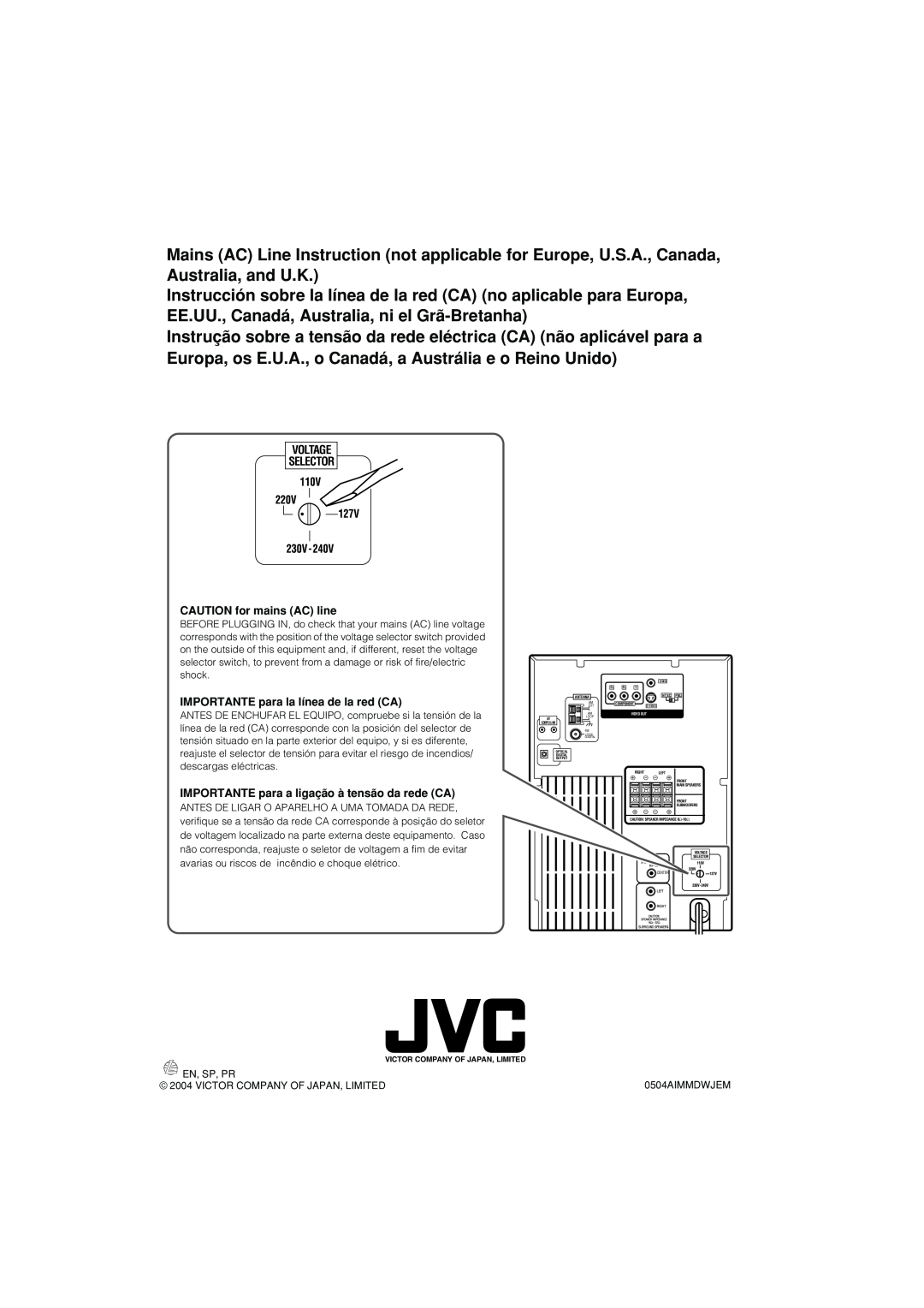 JVC CA-MXJD8 manual VOLTAGE SELECTOR CAUTION for mains AC line, IMPORTANTE para la línea de la red CA 