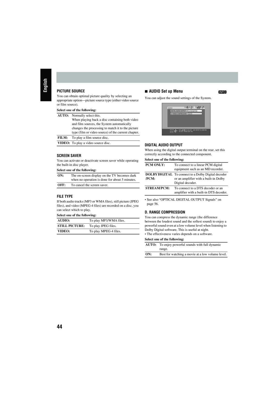 JVC CA-MXJD8 manual English, AUDIO Set up Menu, Picture Source, Screen Saver, File Type, Digital Audio Output, Video 