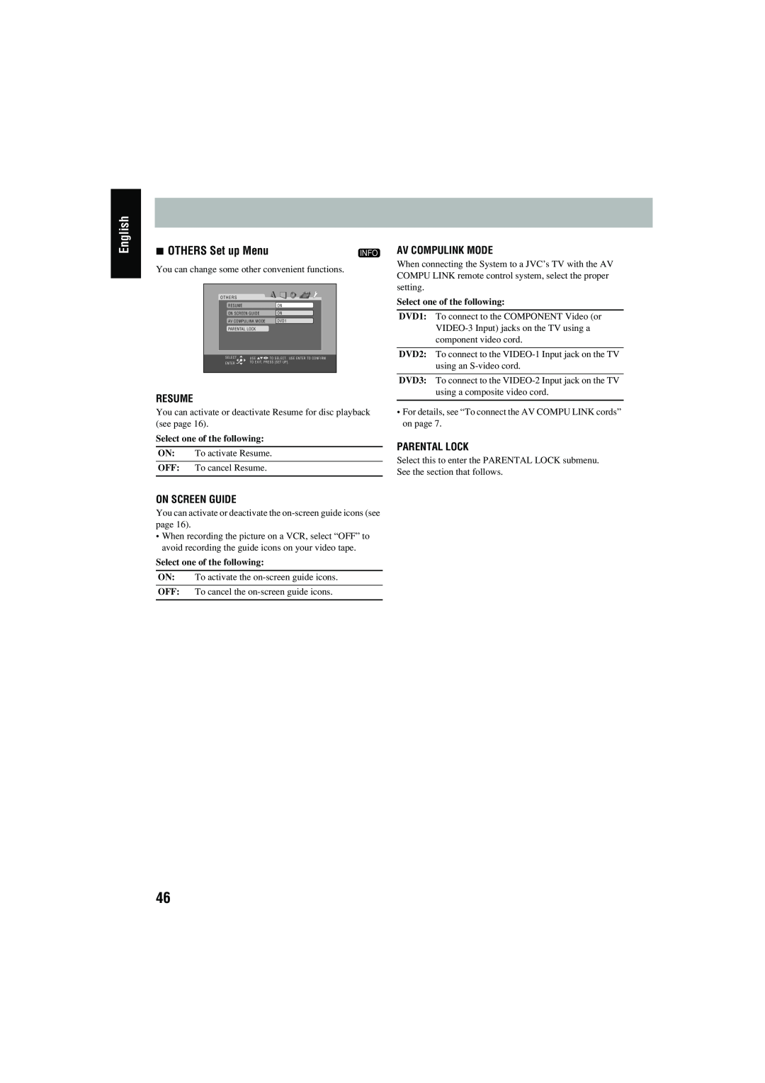 JVC CA-MXJD8 manual English, OTHERS Set up Menu, Resume, On Screen Guide, Av Compulink Mode, Parental Lock 