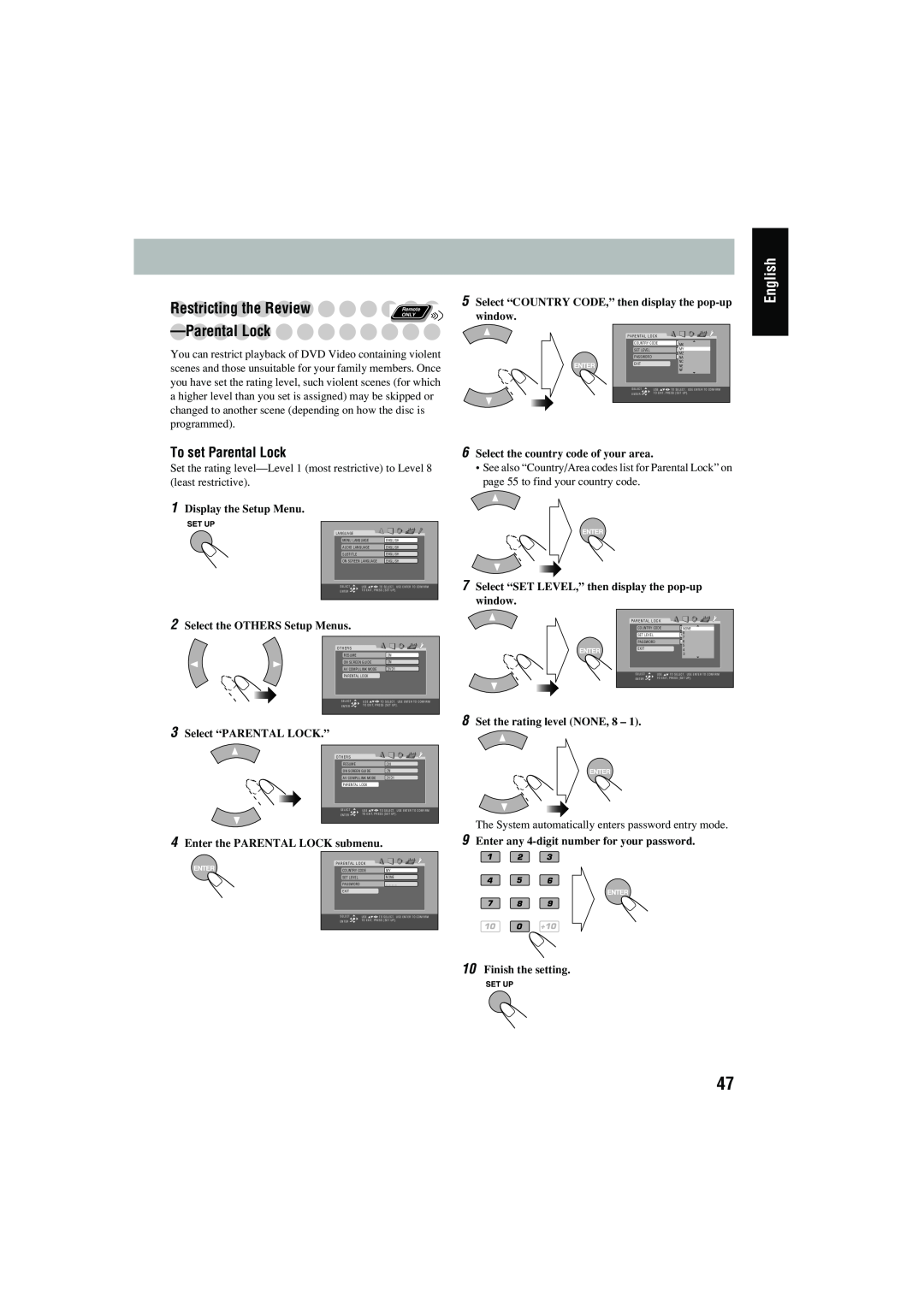 JVC CA-MXJD8 manual Restricting the Review, ParentalLock, English, To set Parental Lock, 1Display the Setup Menu 