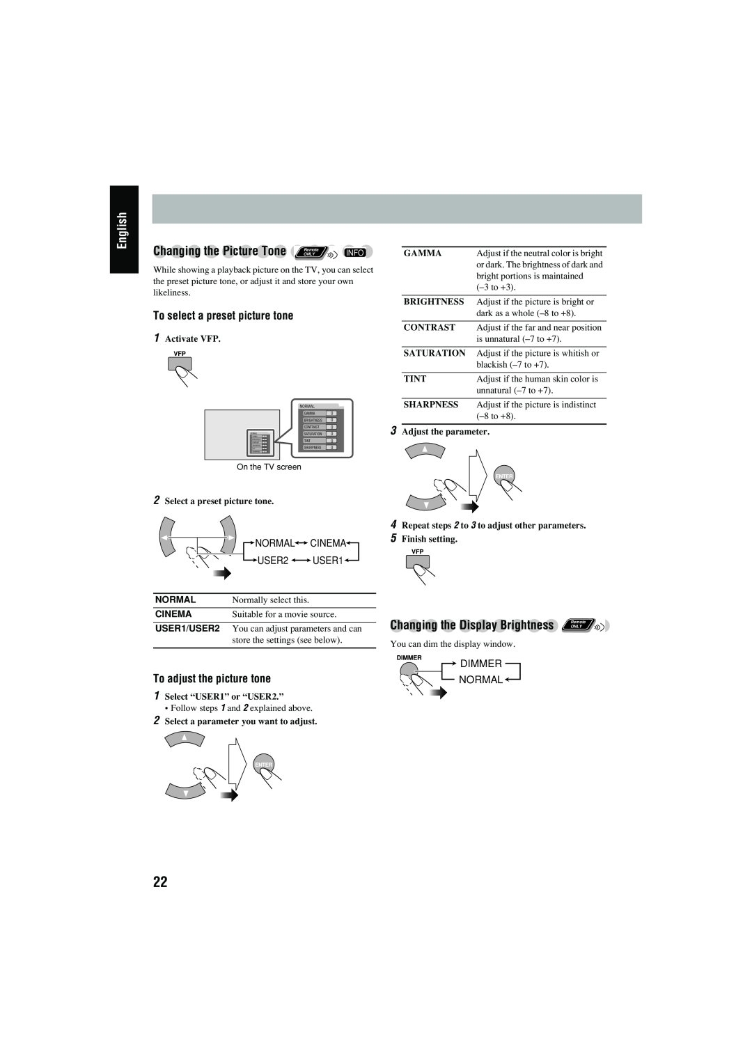 JVC CA-MXJD8UW English, Changing the Picture Tone Remote INFO, To select a preset picture tone, To adjust the picture tone 